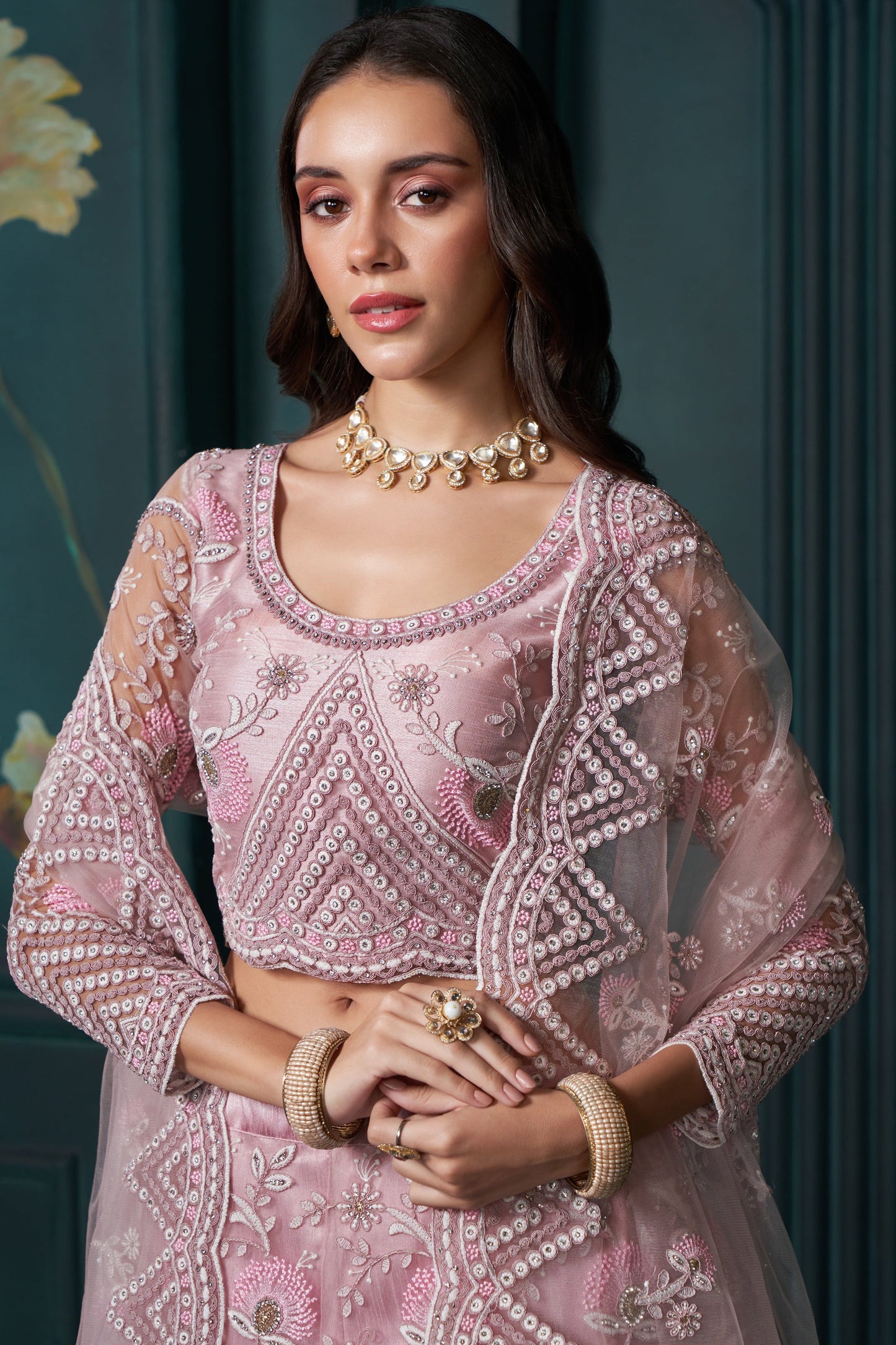 Pink Semi Stitched Embroidered Net Lehenga-LC8_2_SareeButa.com