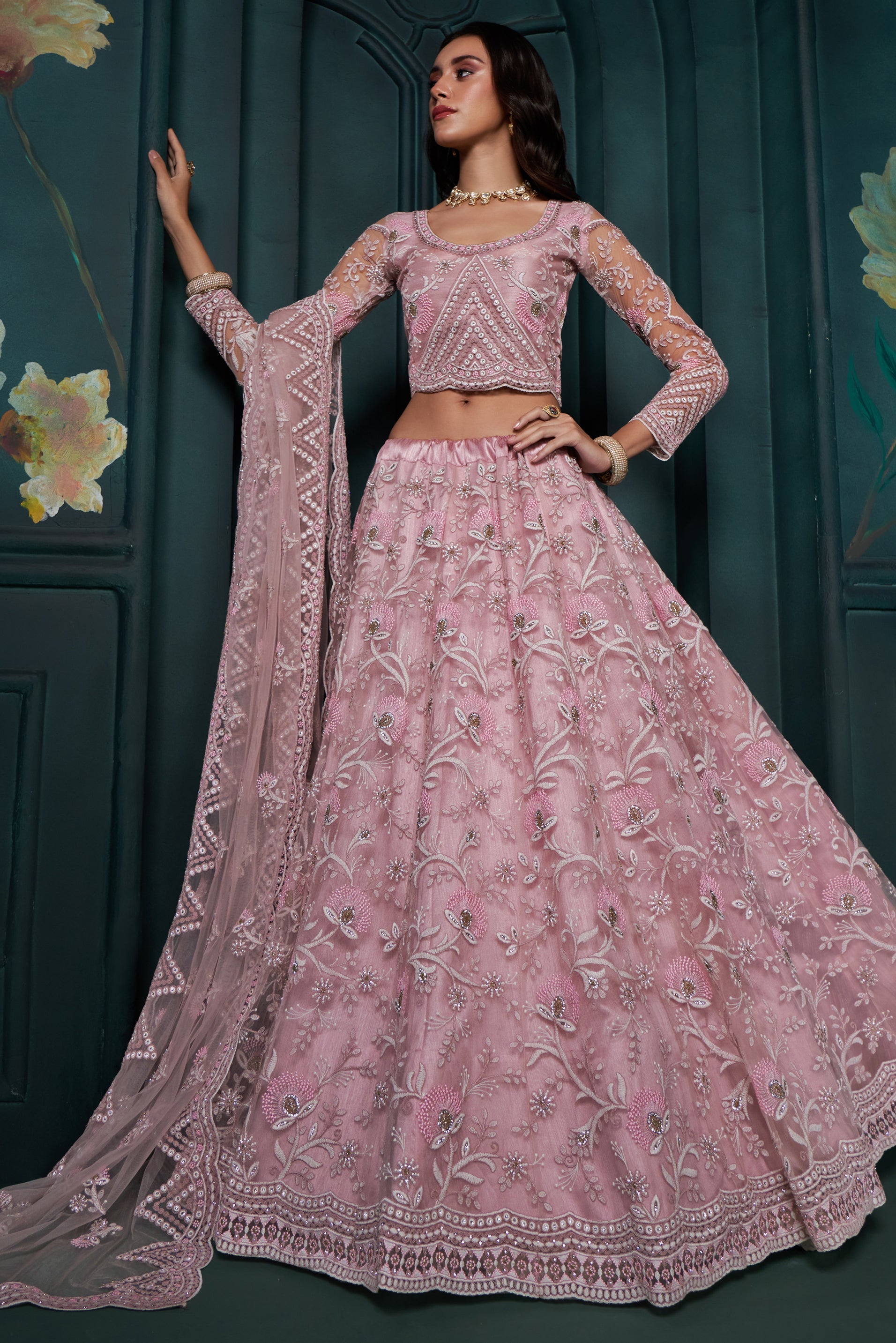 Pink Semi Stitched Embroidered Net Lehenga-LC8_4_SareeButa.com