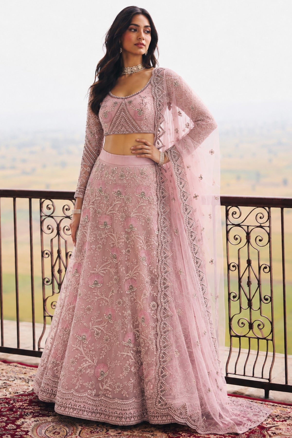 Pink Semi Stitched Embroidered Net Lehenga-SAR13213_1_SareeButa.com