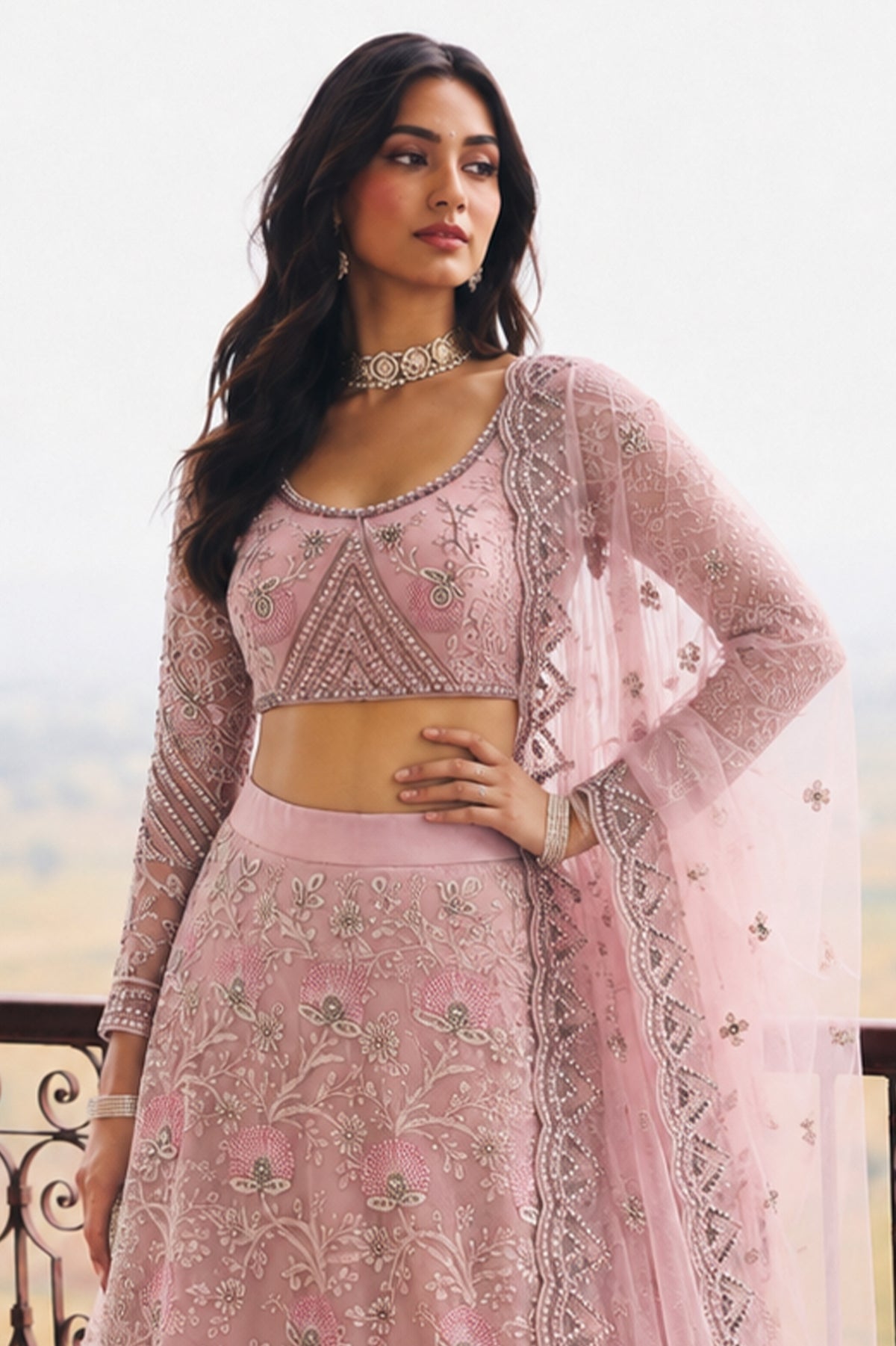 Pink Semi Stitched Embroidered Net Lehenga-SAR13213_4_SareeButa.com