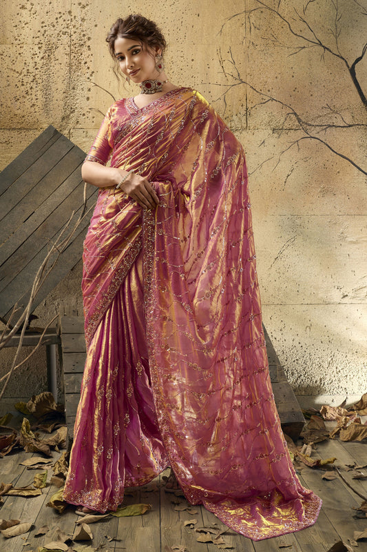 Pink Sequin Work Velvet Satin Saree-SAR12817_1_SareeButa.com