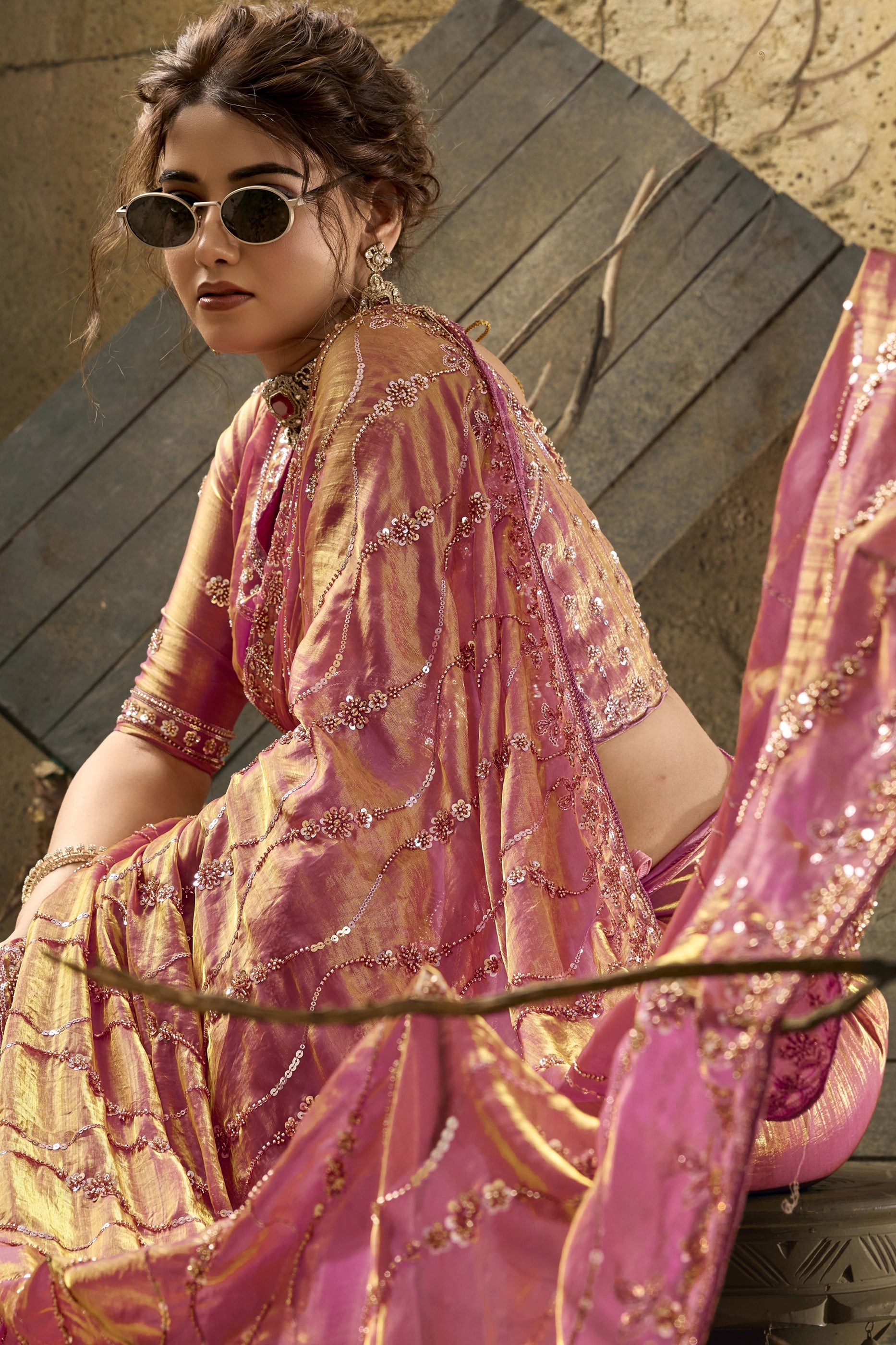 Pink Sequin Work Velvet Satin Saree-SAR12817_2_SareeButa.com