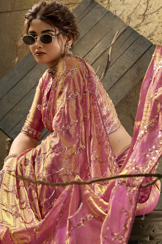 Pink Sequin Work Velvet Satin Saree-SAR12817_2_SareeButa.com