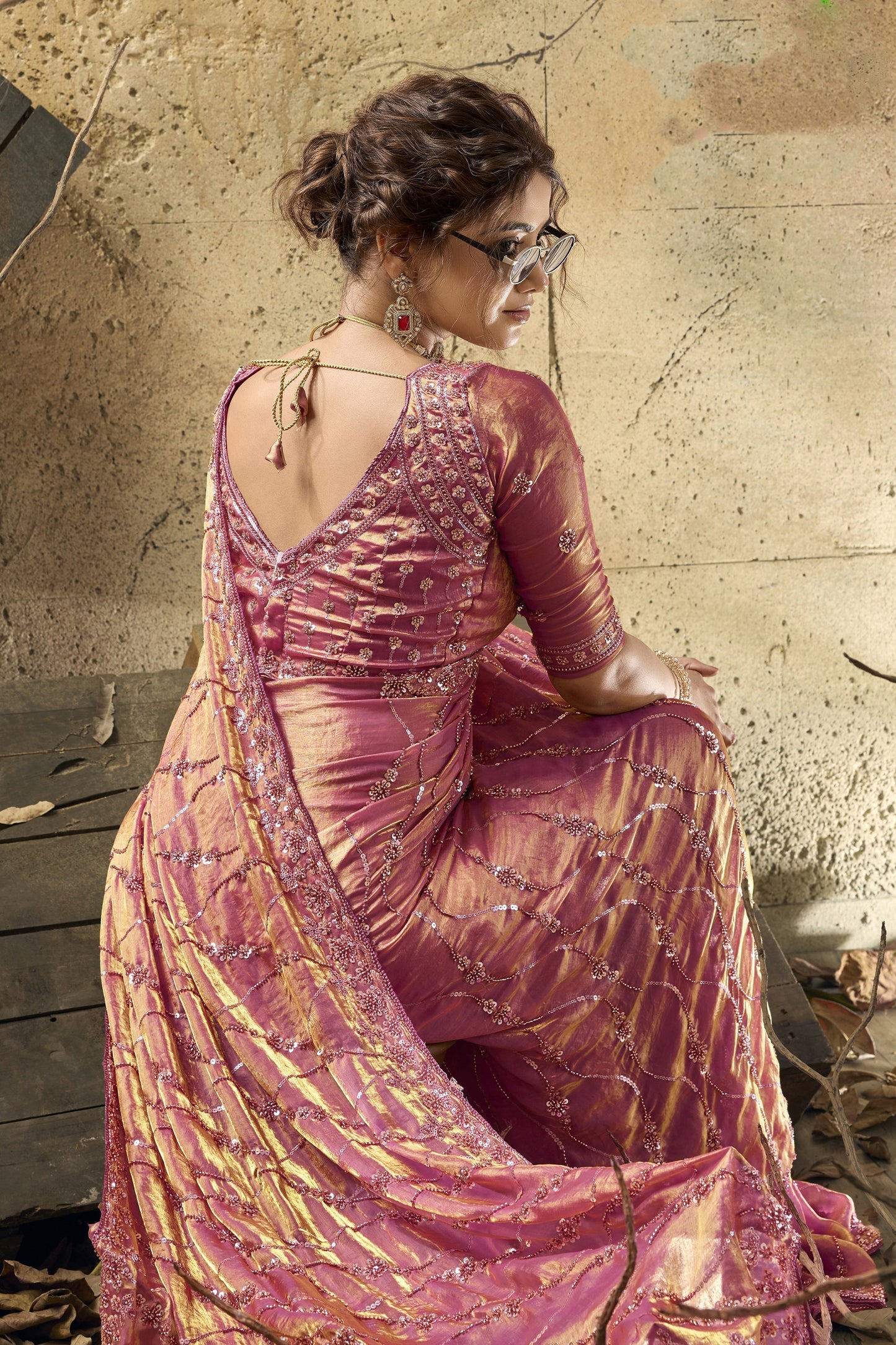 Pink Sequin Work Velvet Satin Saree-SAR12817_3_SareeButa.com
