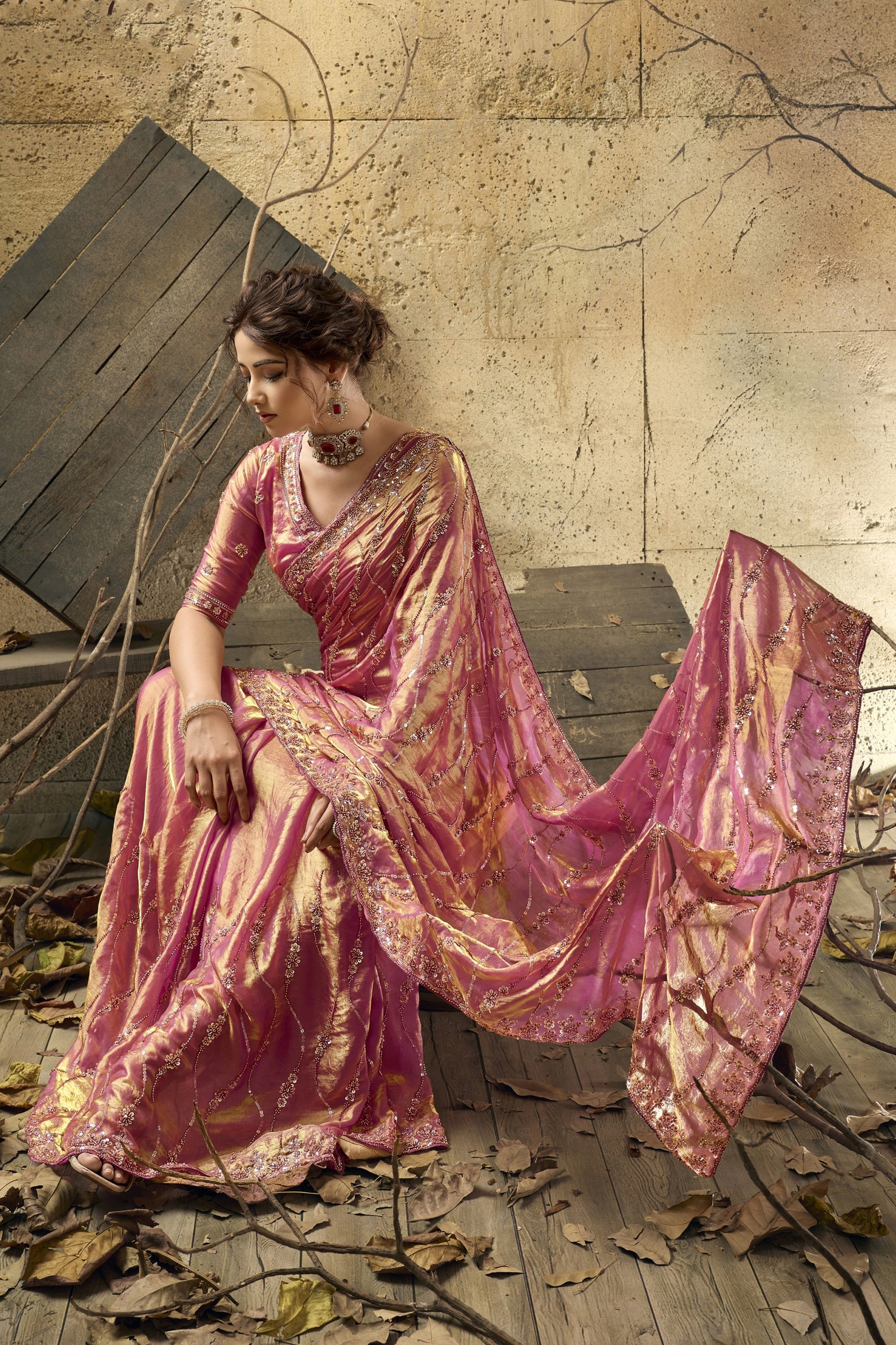 Pink Sequin Work Velvet Satin Saree-SAR12817_4_SareeButa.com