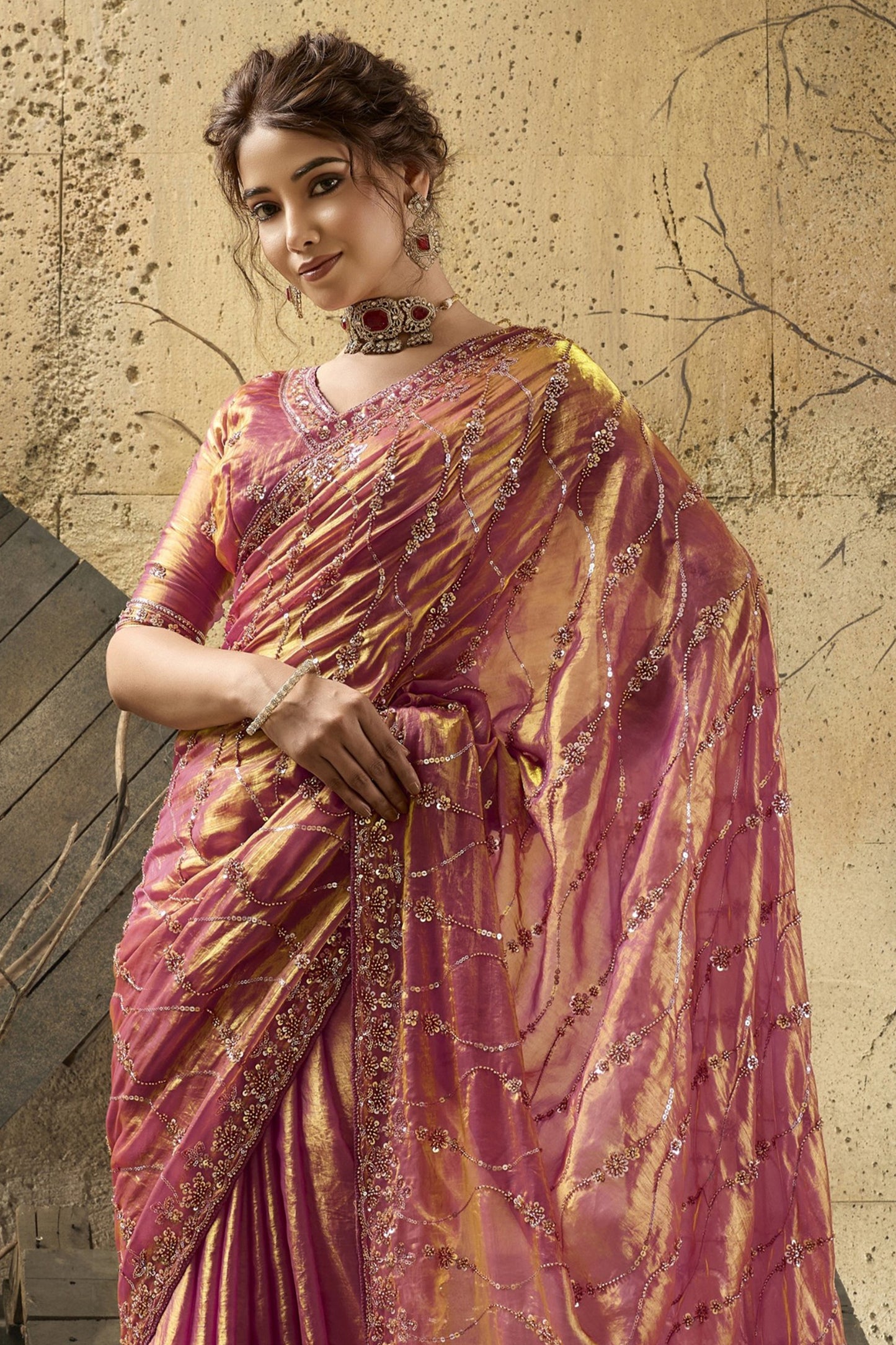 Pink Sequin Work Velvet Satin Saree-SAR12817_5_SareeButa.com