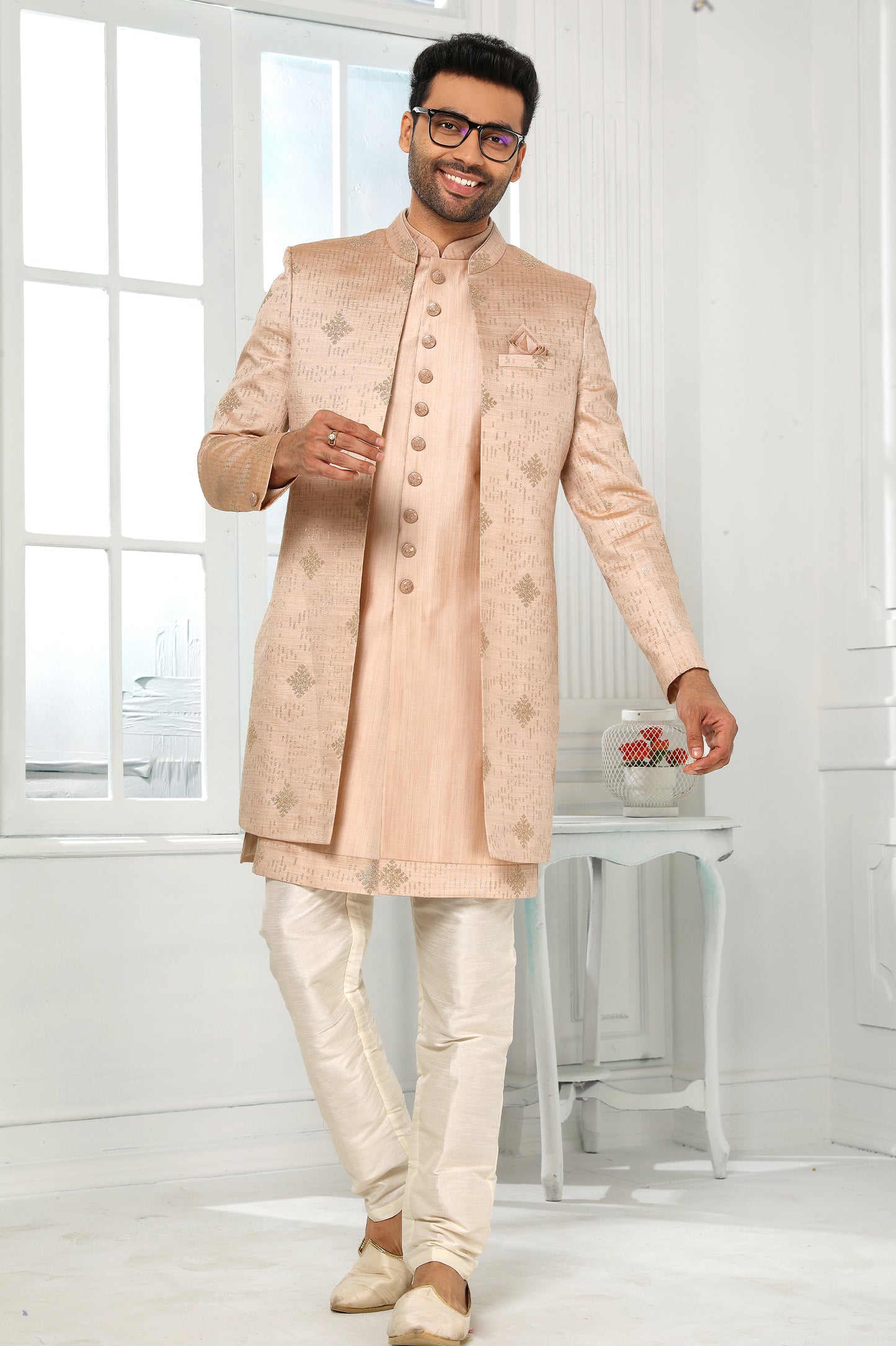 Pink Silk Kurta Pajama With Jacket-SAR11443_3_SareeButa.com
