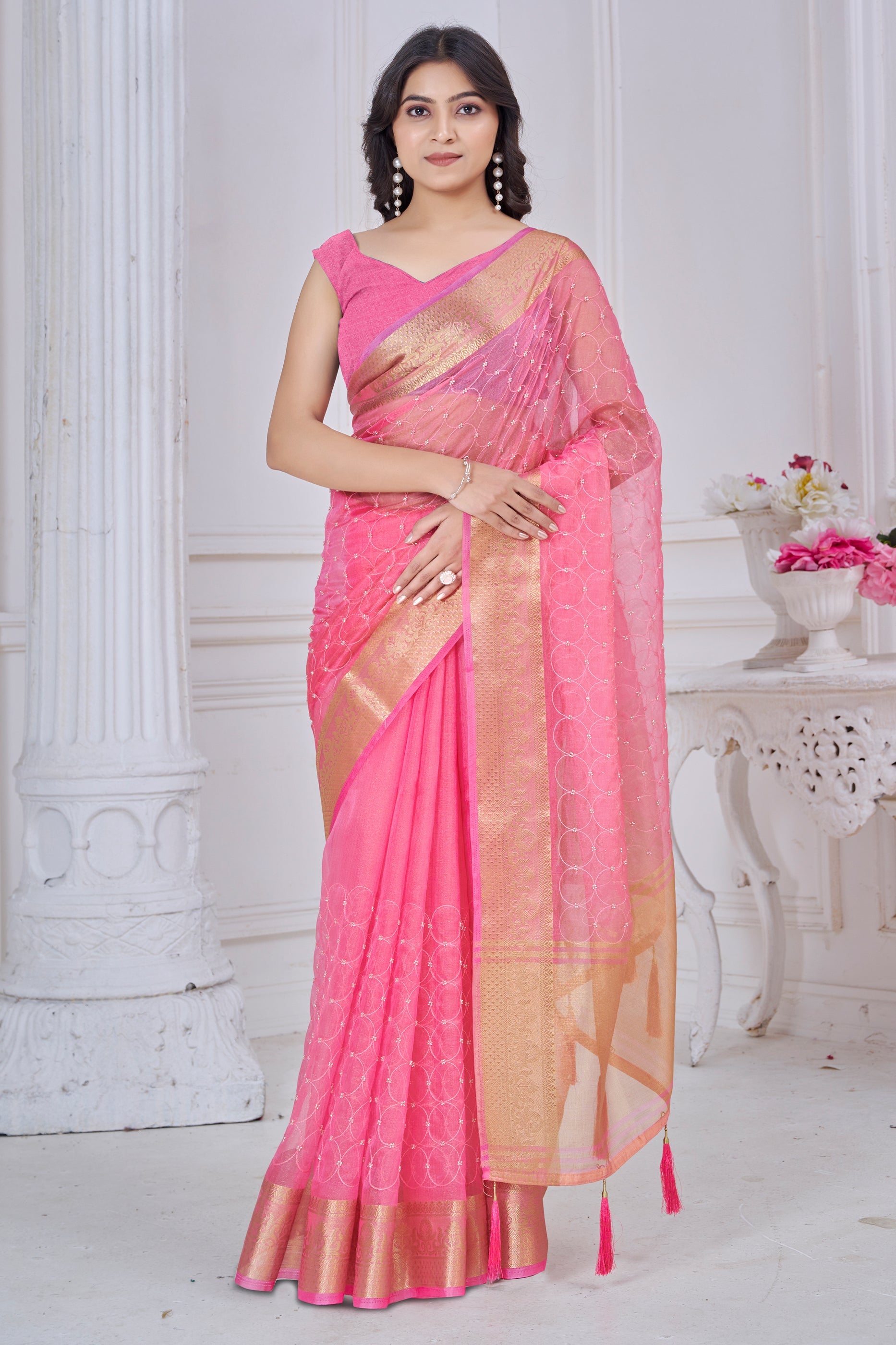 Pink Stone Work Jacquard Saree-SAR10743_1_SareeButa.com