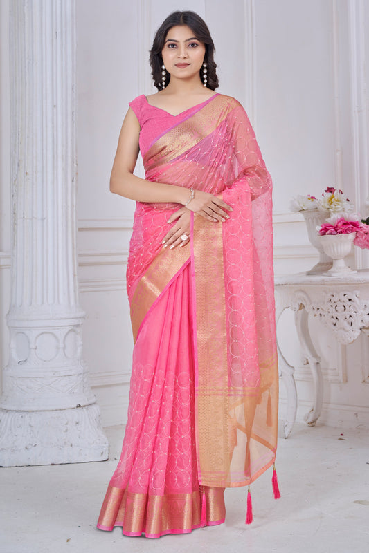 Pink Stone Work Jacquard Saree-SAR10743_1_SareeButa.com