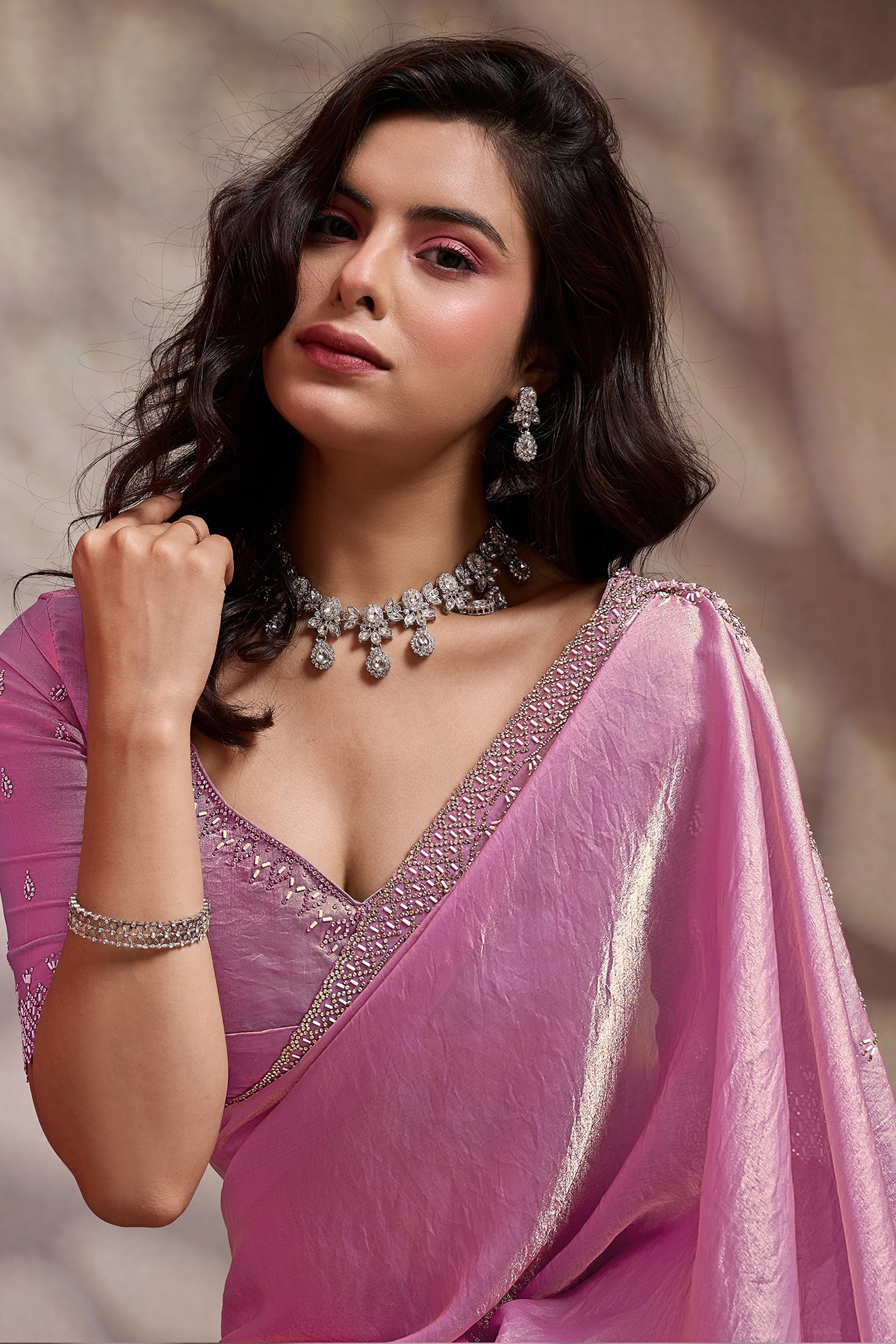 Pink Stone Work Metallic Satin Saree-SAR12537_2_SareeButa.com
