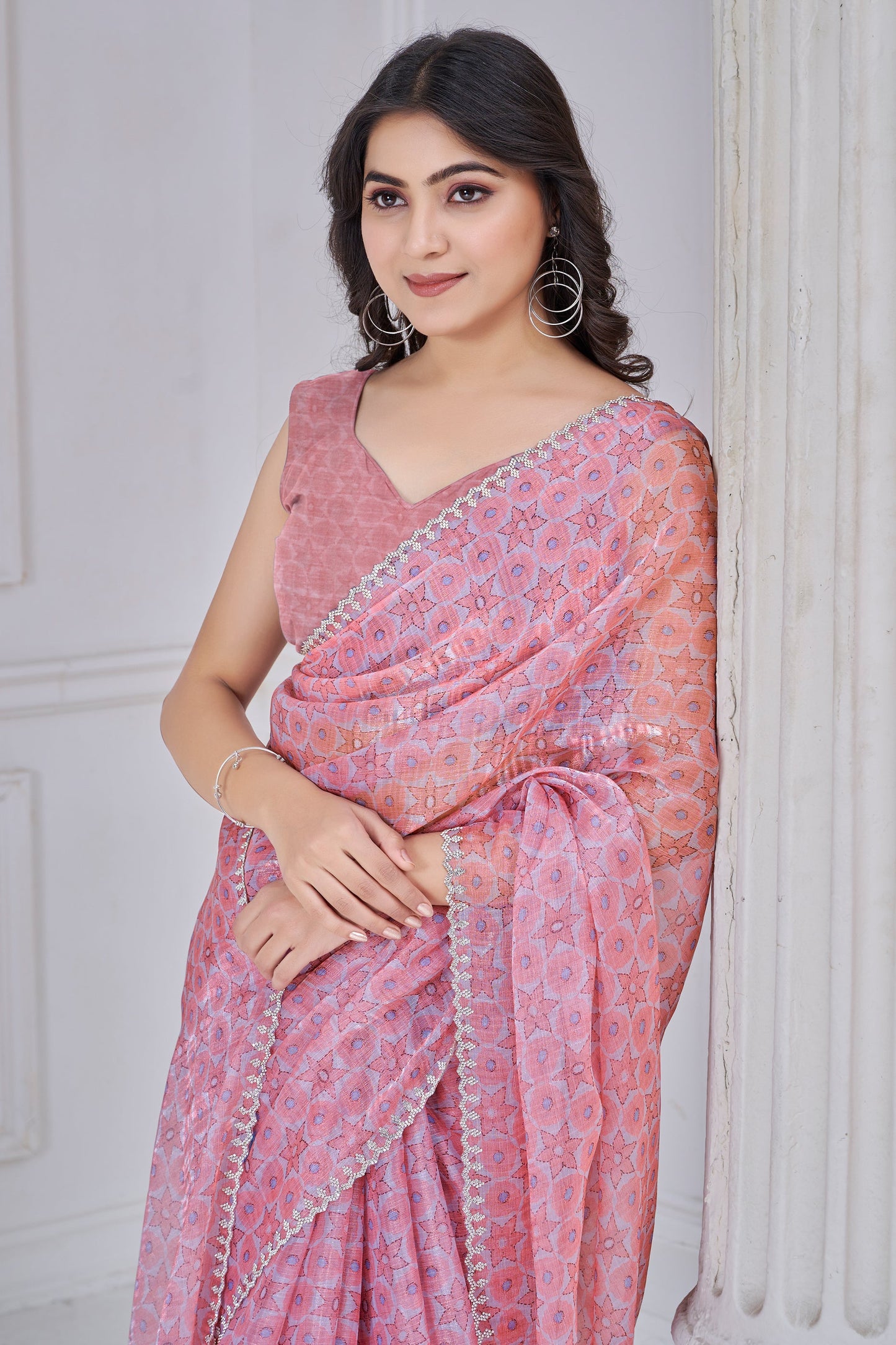 Pink Stone Work Organza Saree-SAR10750_2_SareeButa.com