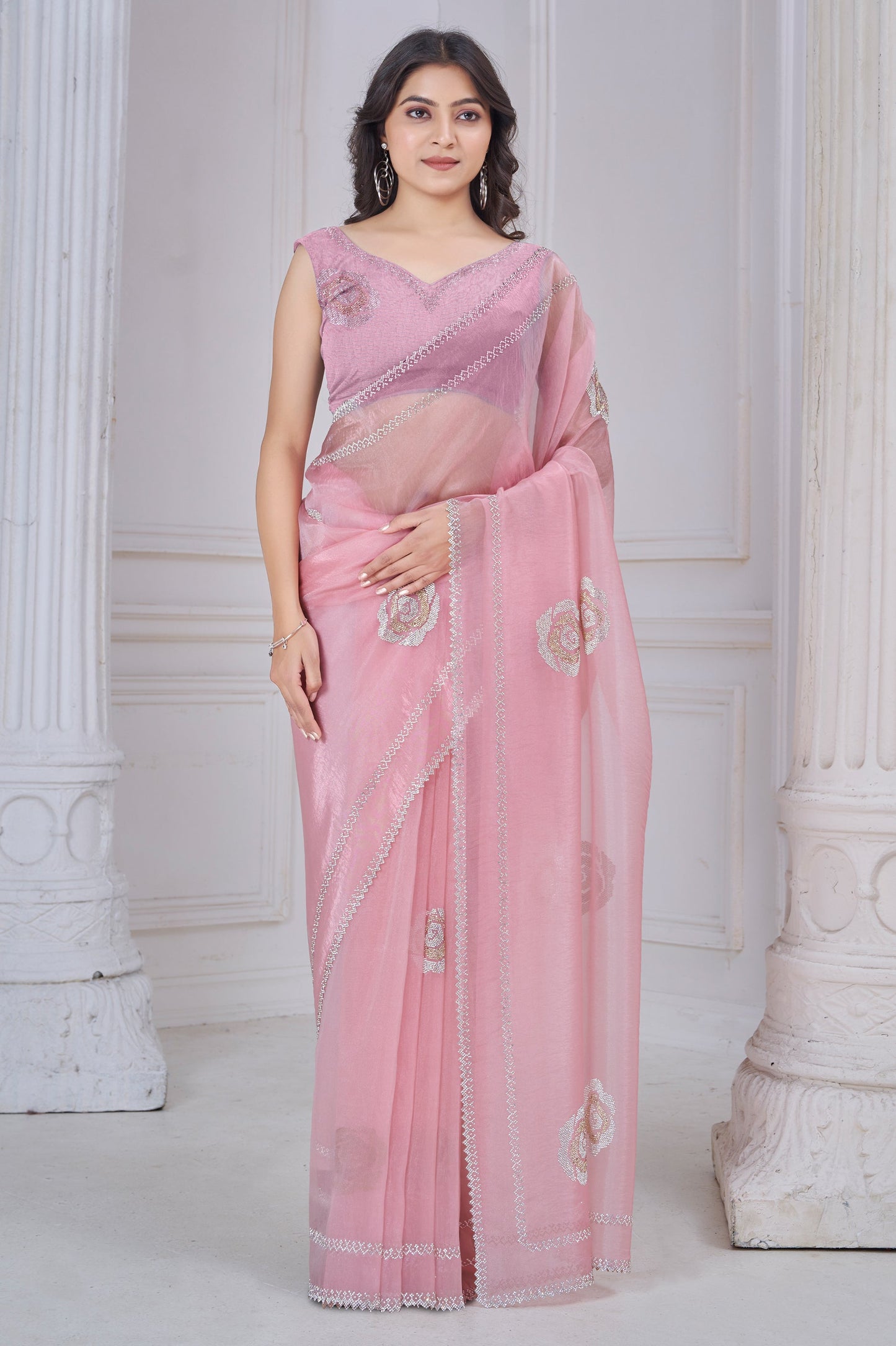 Pink Stone Work Organza Saree-SAR10763_1_SareeButa.com