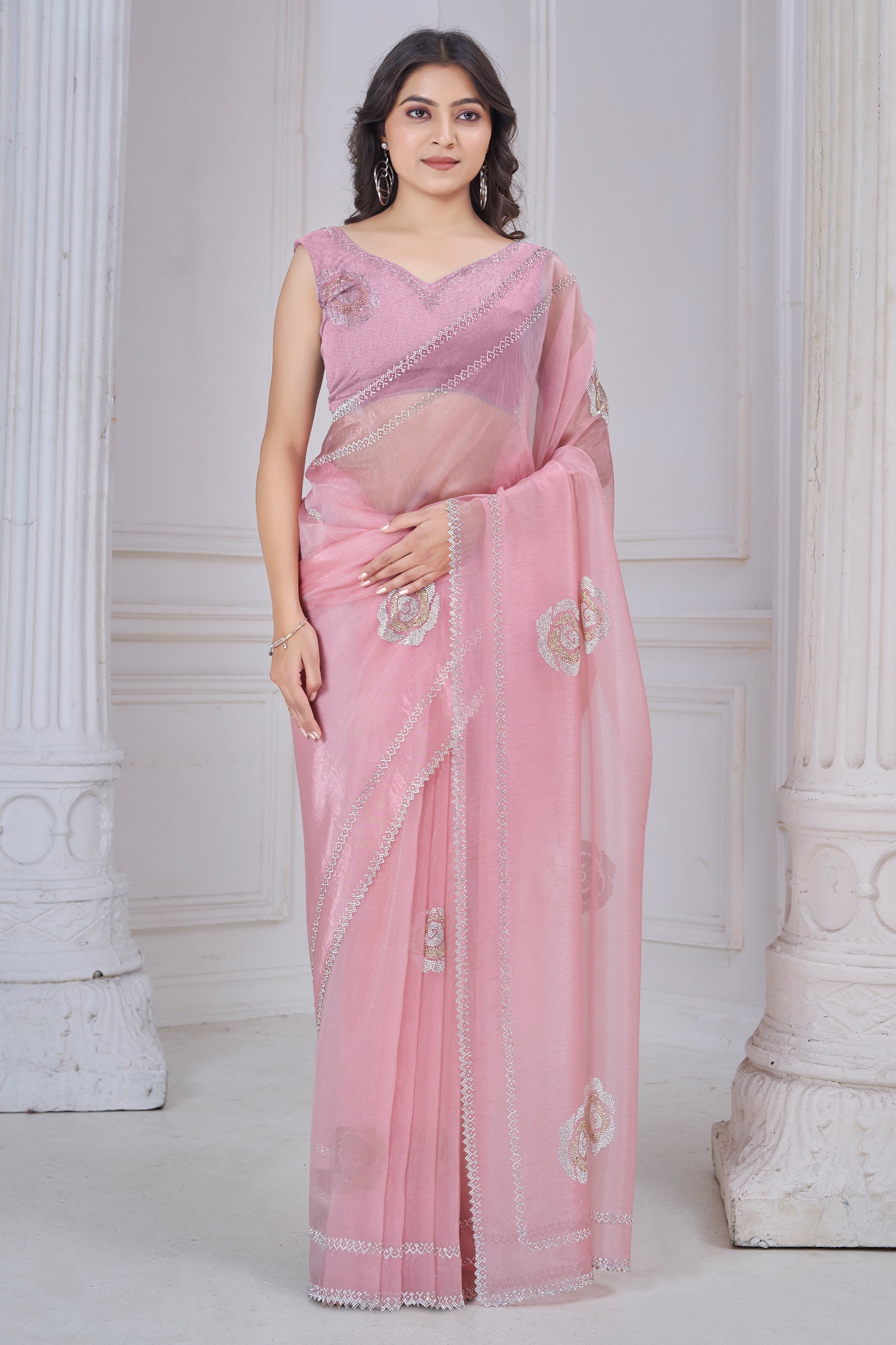 Pink Stone Work Organza Saree-SAR10763_1_SareeButa.com