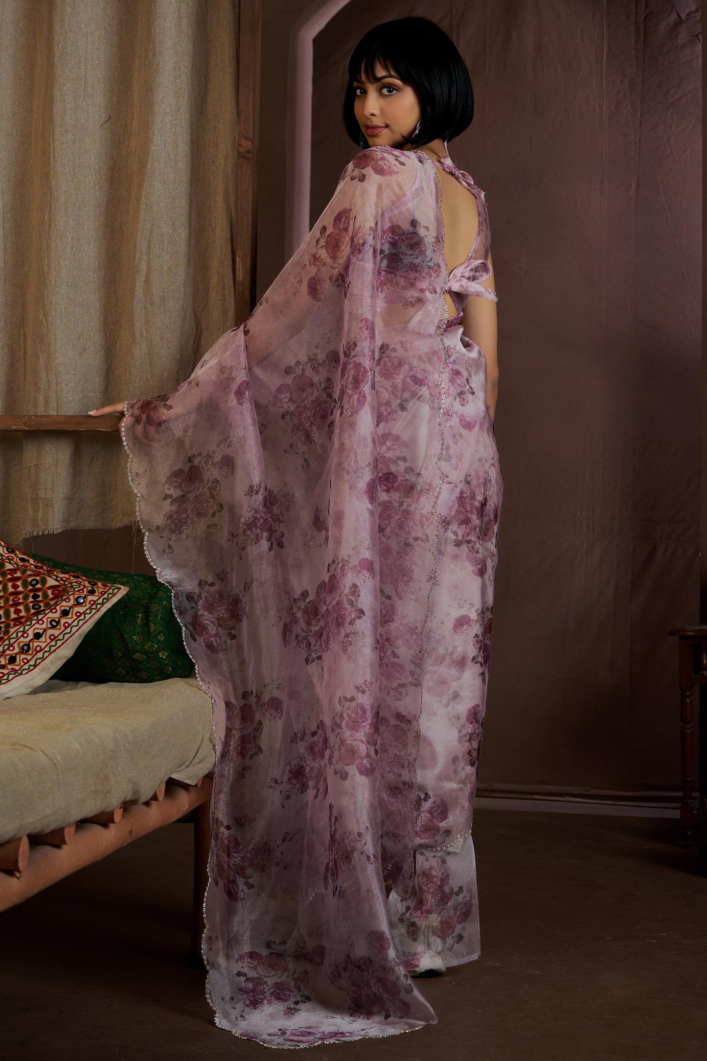 Pink Stone Work Organza Saree