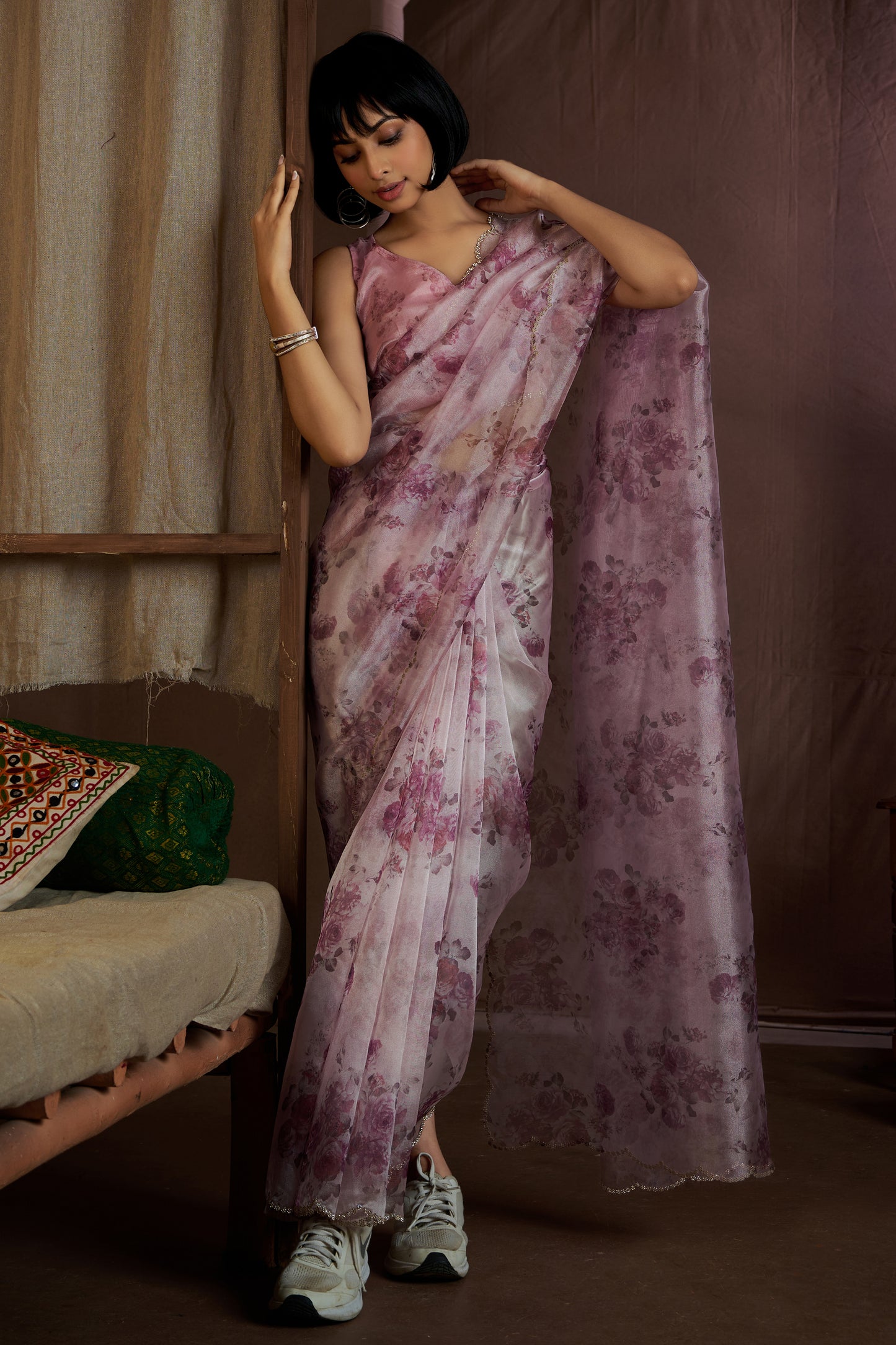 Pink Stone Work Organza Saree