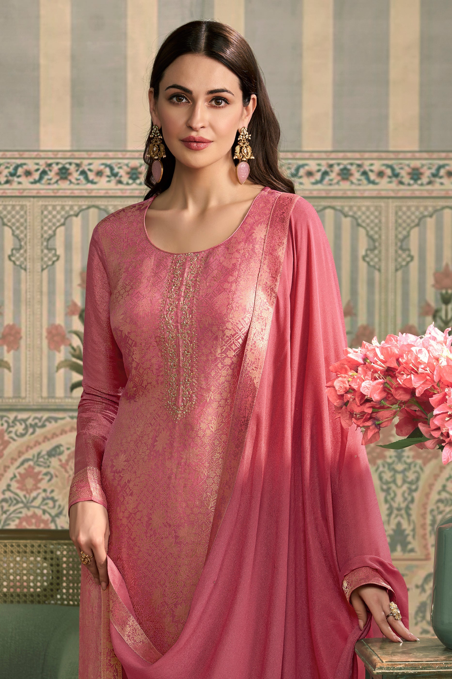 Pink Viscose Jacquard Suit-SAR11507_2_SareeButa.com