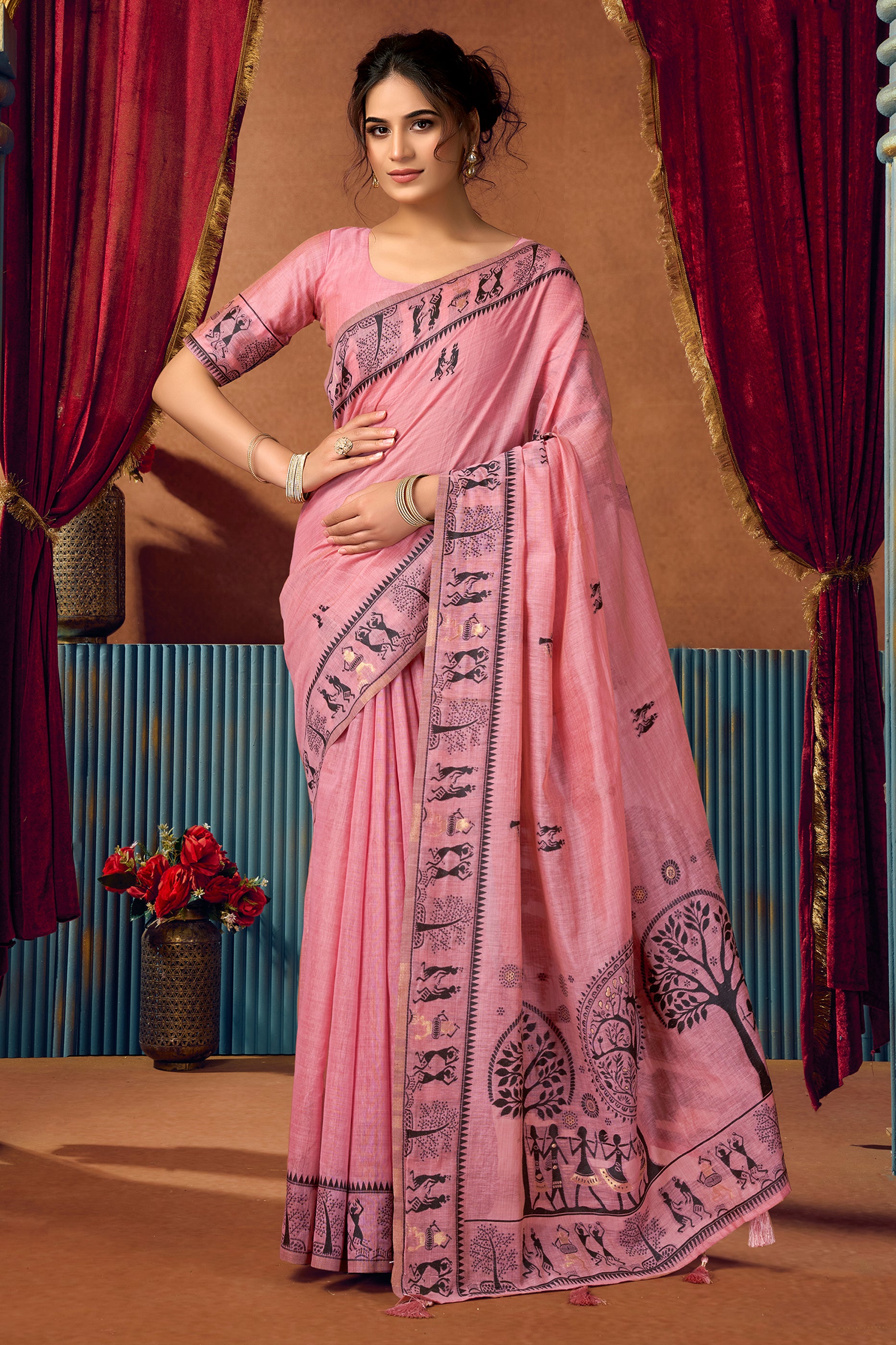 Pink Warli Print Modal Cotton Saree-SAR12684_1_SareeButa.com