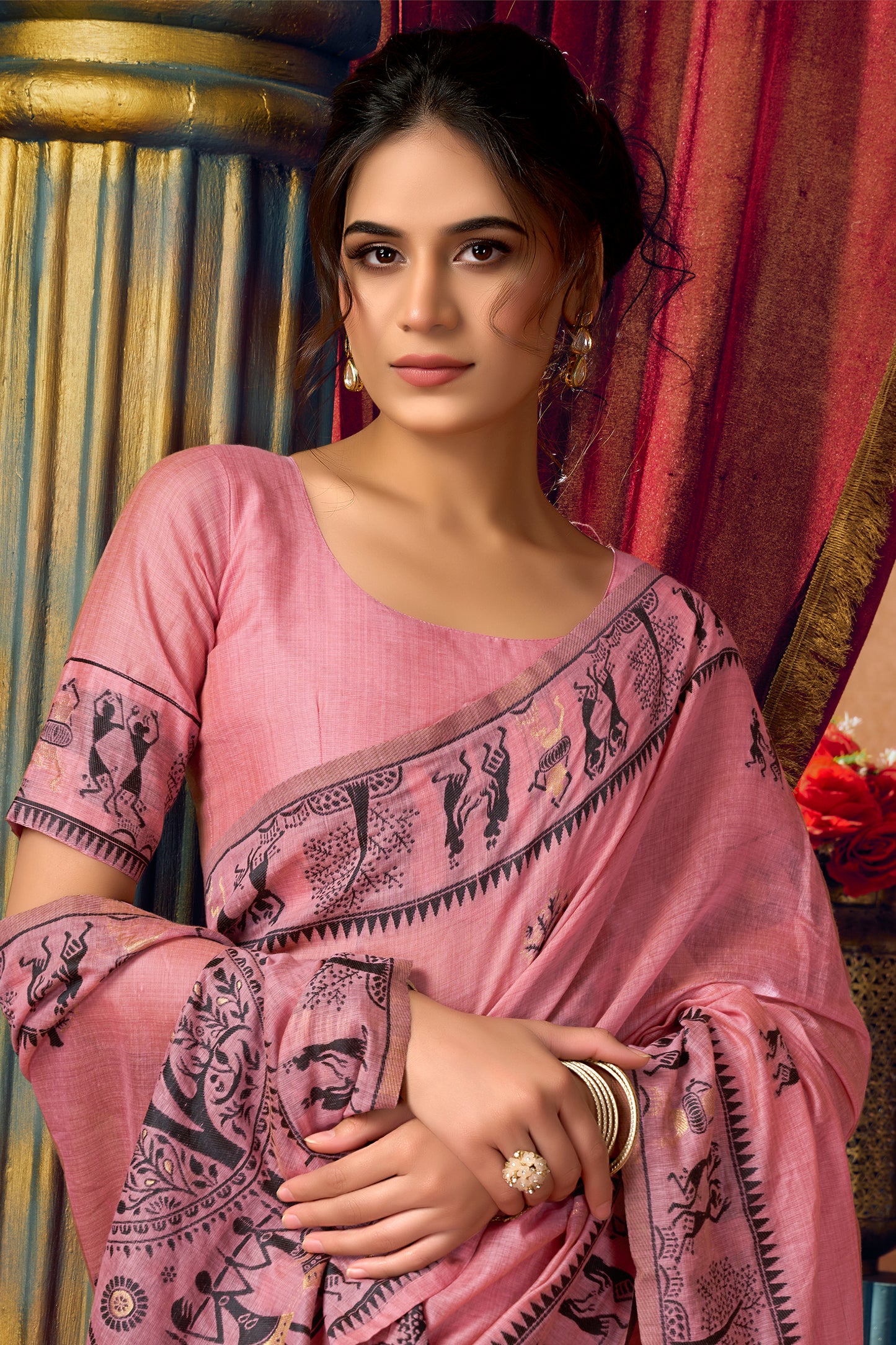Pink Warli Print Modal Cotton Saree-SAR12684_2_SareeButa.com