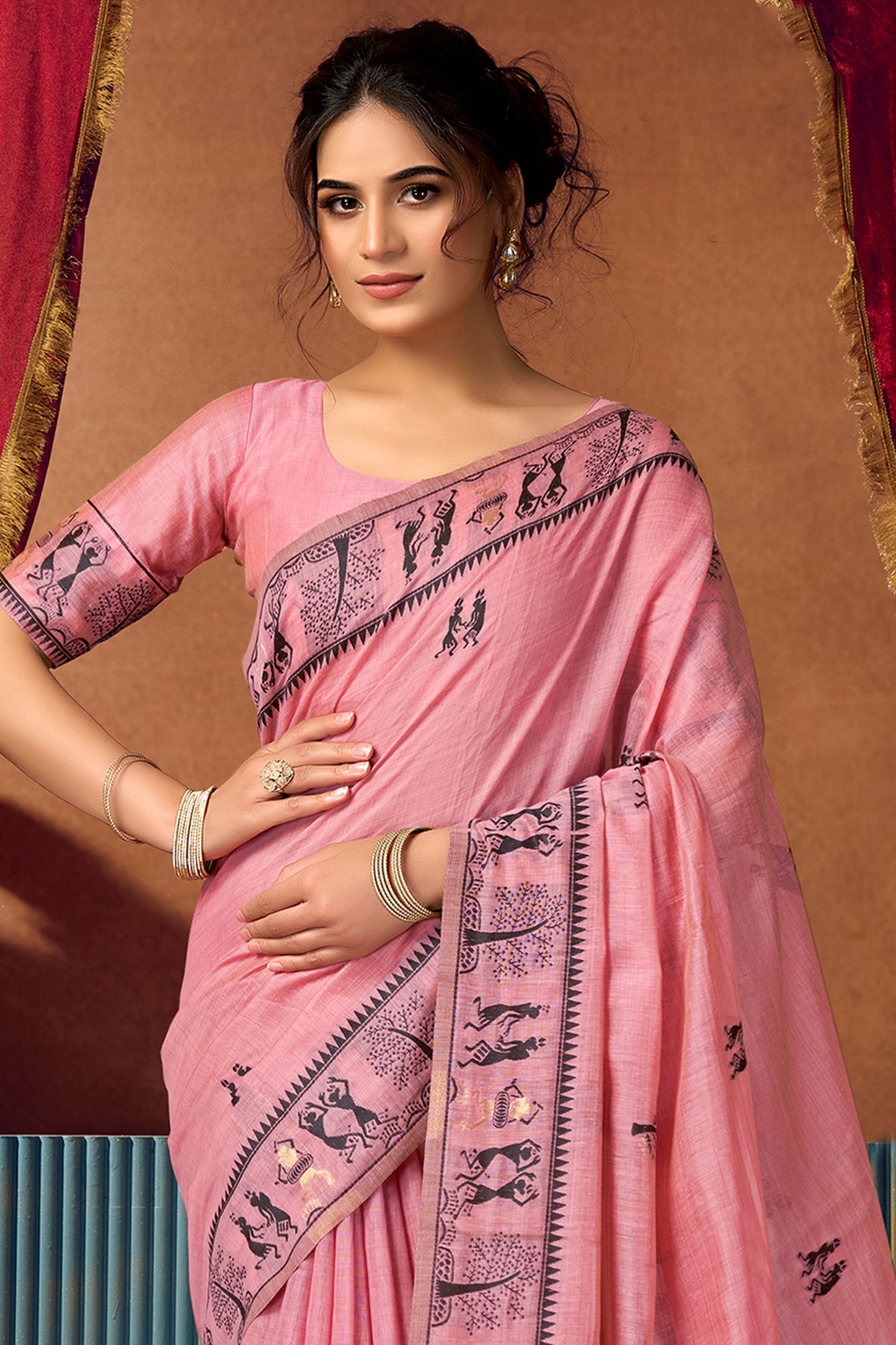Pink Warli Print Modal Cotton Saree-SAR12684_3_SareeButa.com