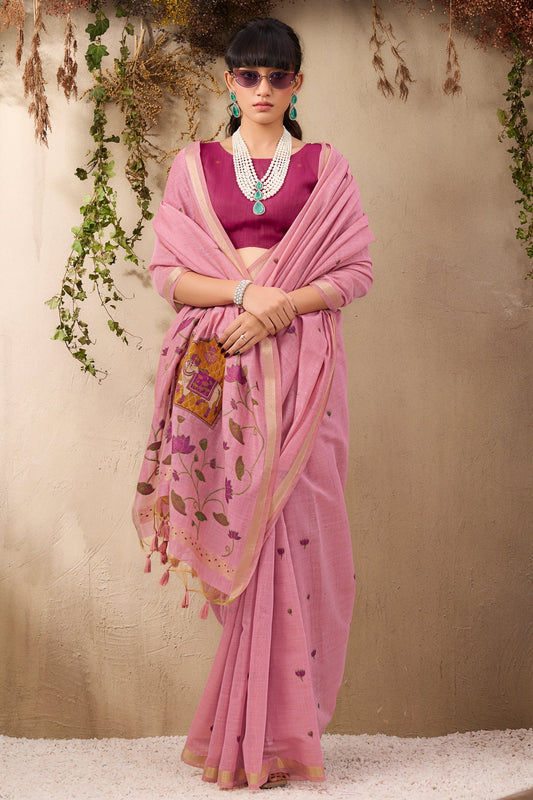 Pink Woven Munga Cotton Saree-SAR11220_2_SareeButa.com