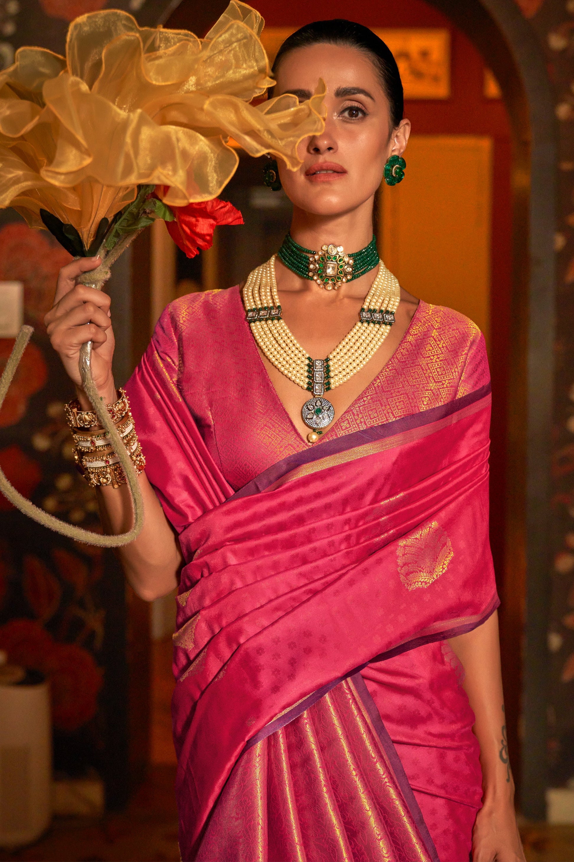 Pink Woven Silk Saree-ZB133033_2_SareeButa.com