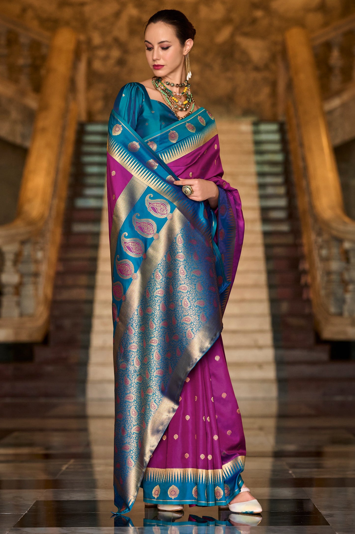 Pink Woven Silk Saree-ZB134685_3_SareeButa.com