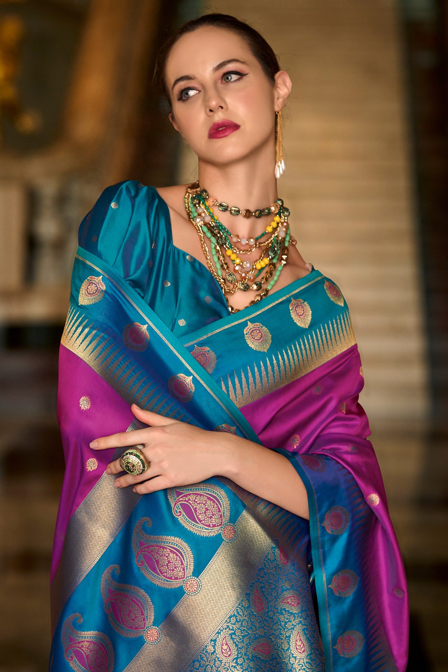 Pink Woven Silk Saree-ZB134685_4_SareeButa.com