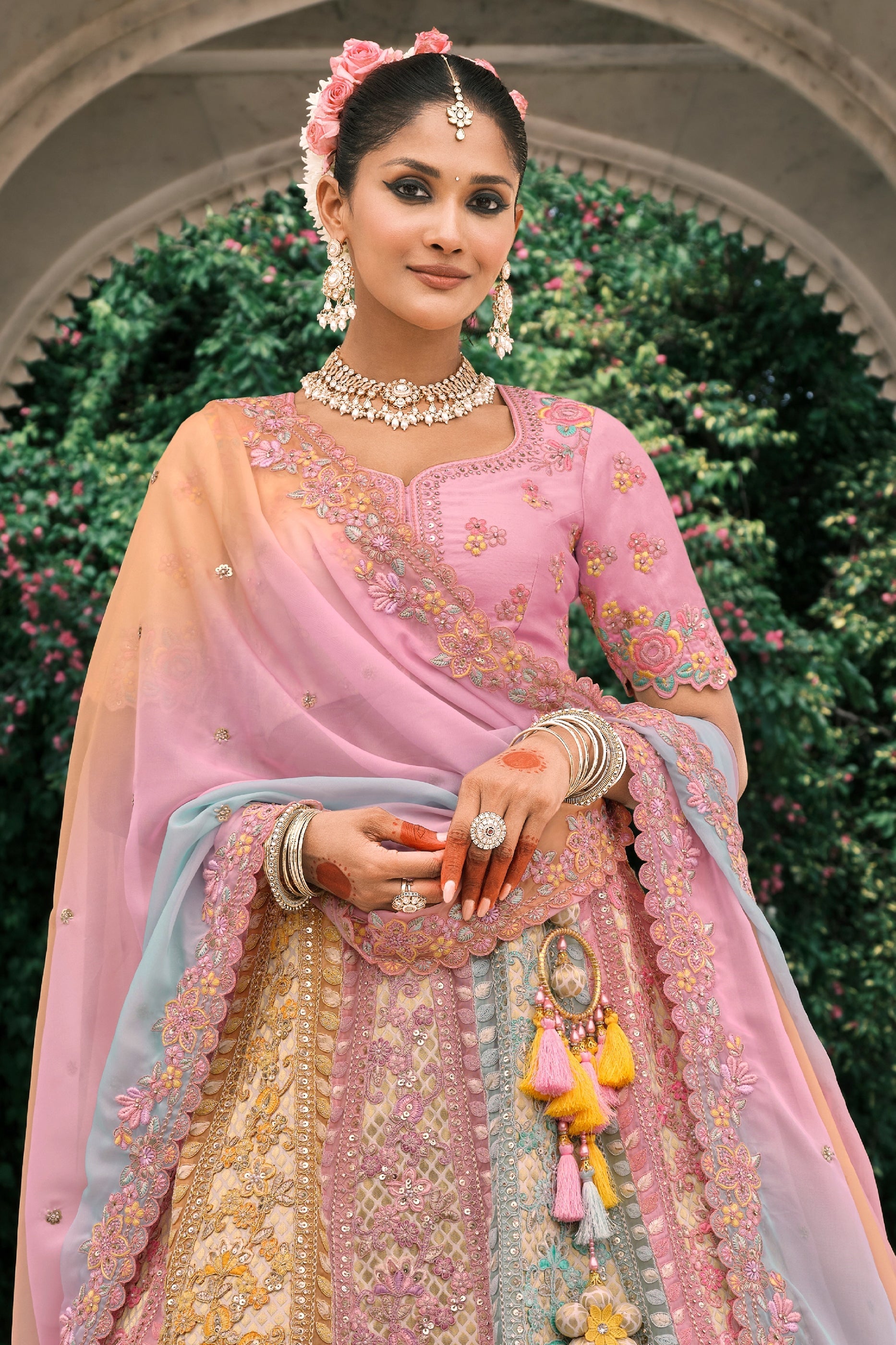 Pink and Blue Semi-Stitched Embroidered Silk Lehenga-SAR10434_2_SareeButa.com