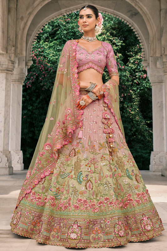 Pink and Green Semi-Stitched Embroidered Silk Lehenga-SAR10427_1_SareeButa.com