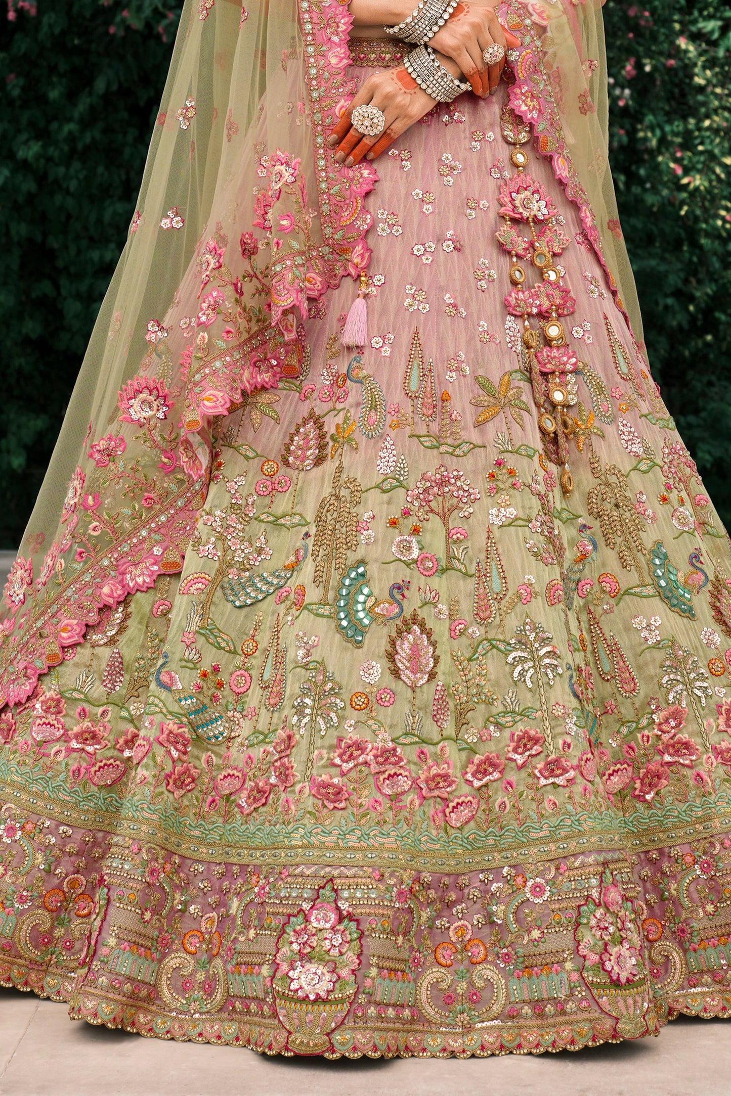 Pink and Green Semi-Stitched Embroidered Silk Lehenga-SAR10427_4_SareeButa.com
