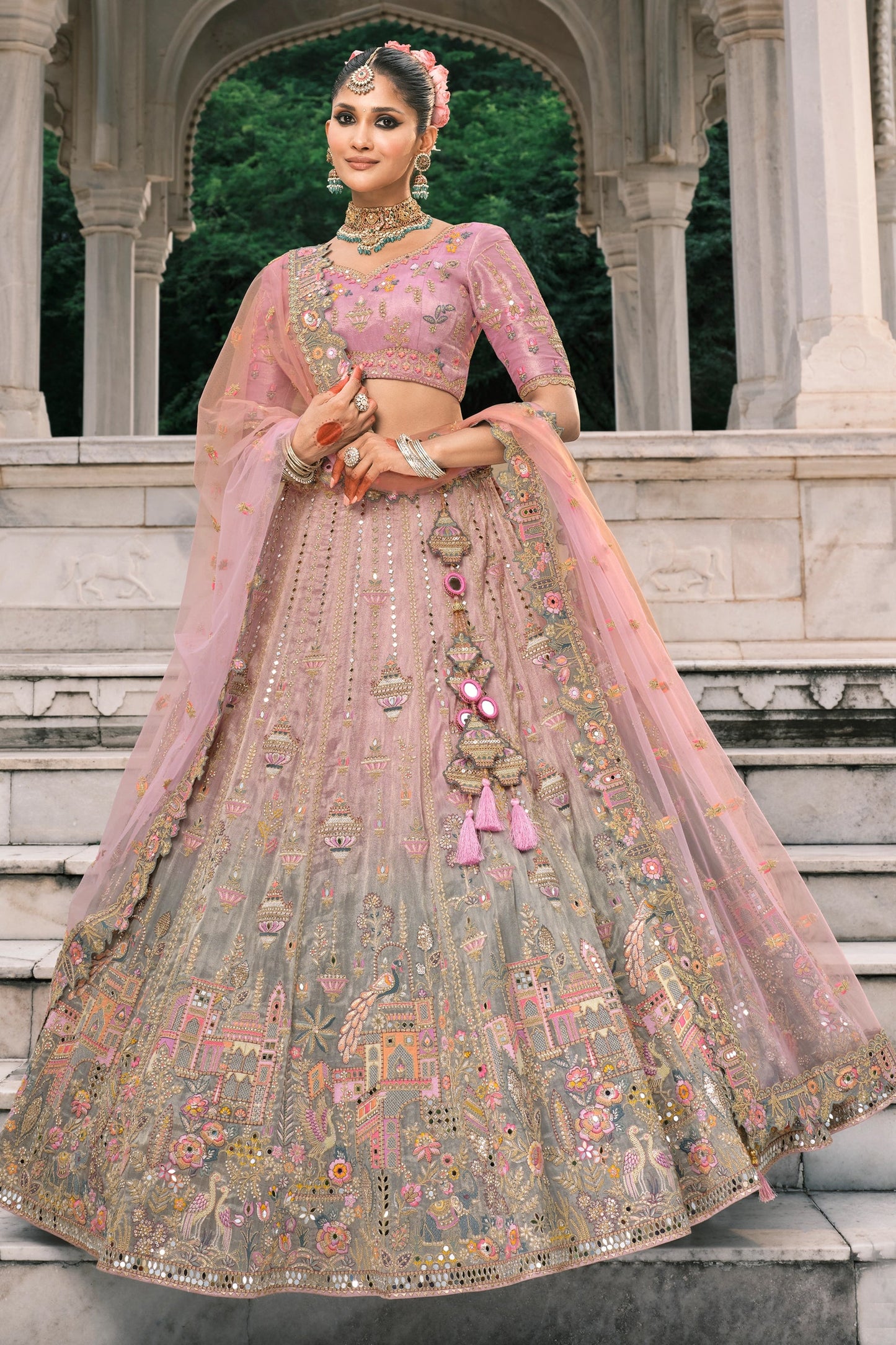 Pink and Grey Semi-Stitched Embroidered Silk Lehenga-SAR10436_1_SareeButa.com