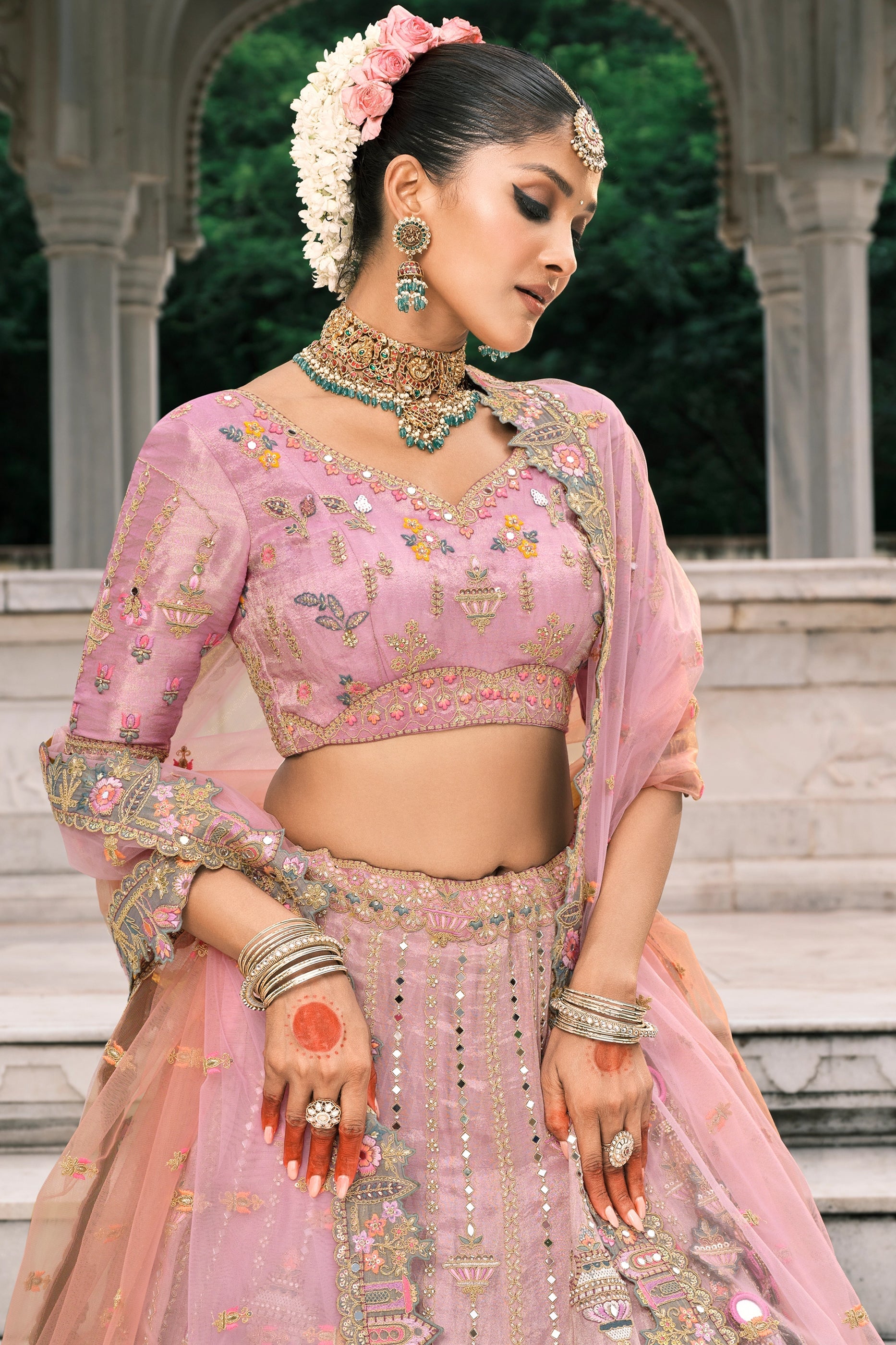 Pink and Grey Semi-Stitched Embroidered Silk Lehenga-SAR10436_2_SareeButa.com