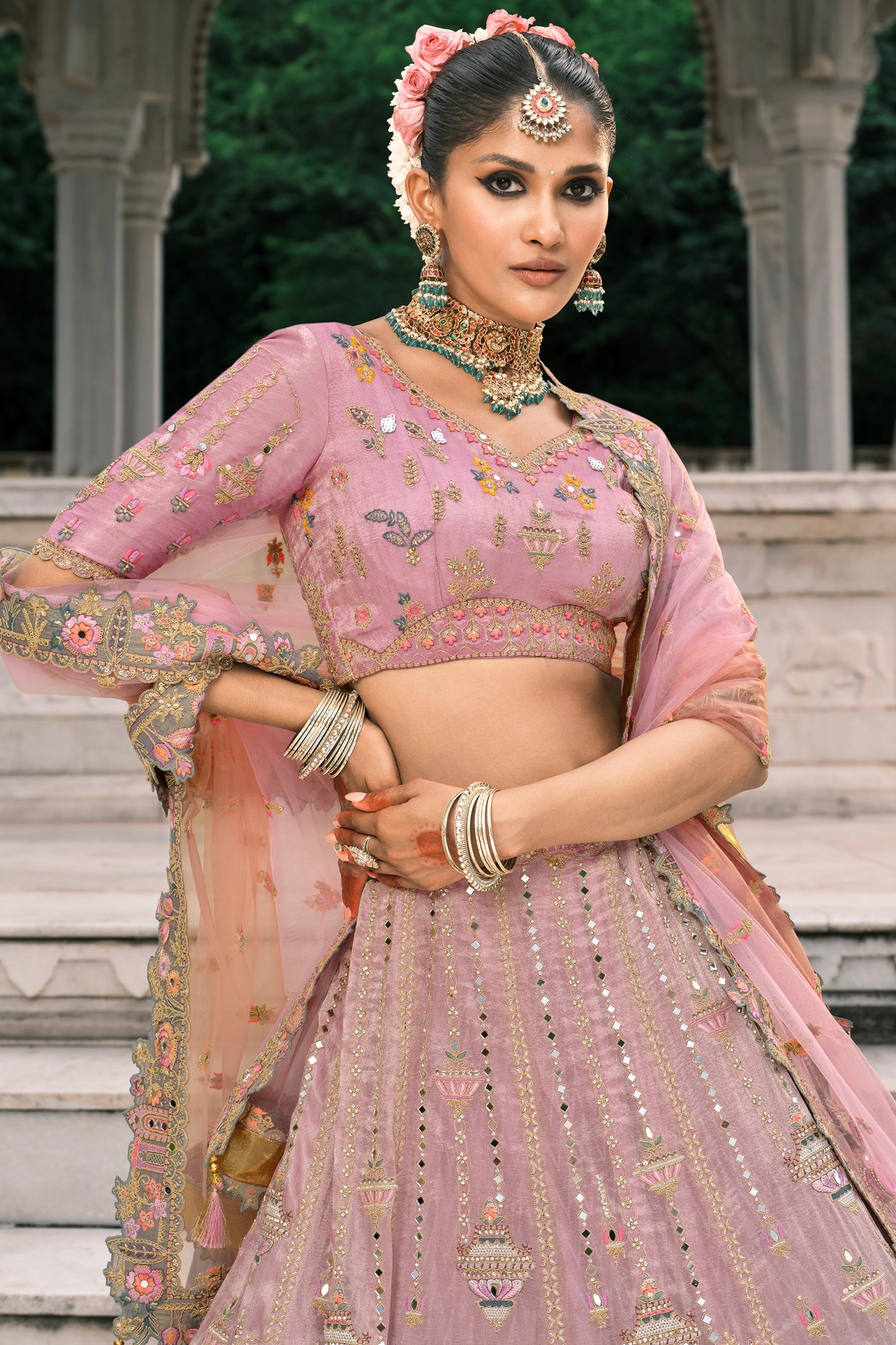 Pink and Grey Semi-Stitched Embroidered Silk Lehenga-SAR10436_3_SareeButa.com