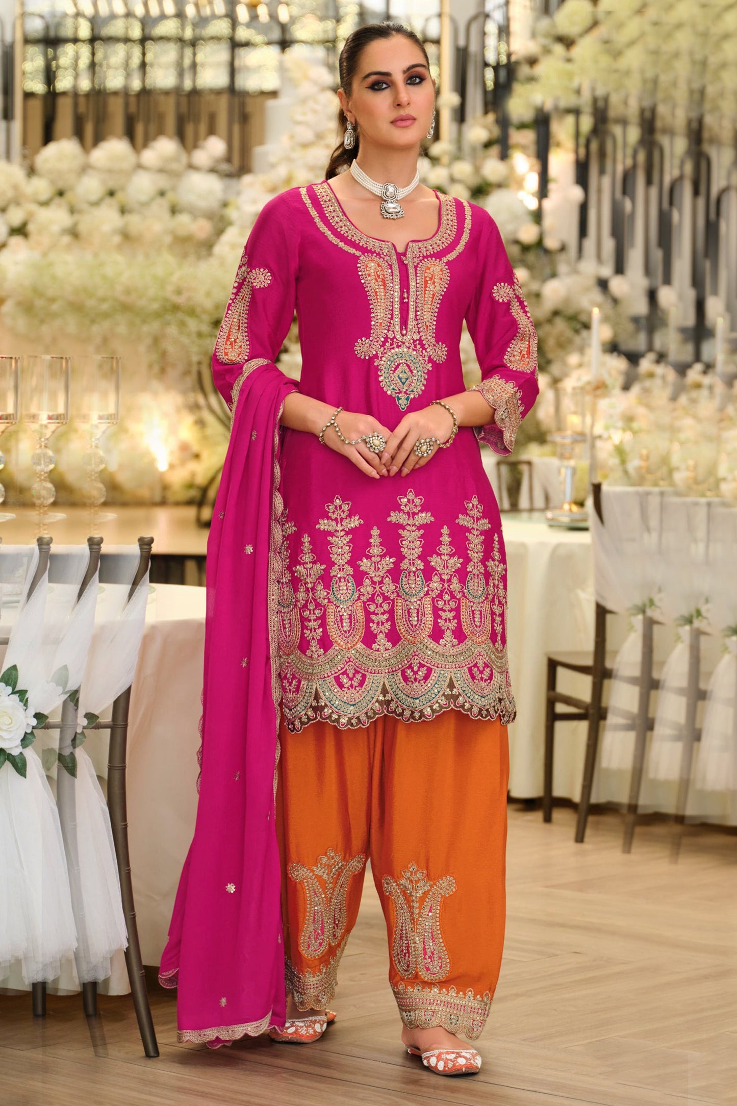 Pink and Orange Readymade Embroidered Chinon Suit-SAR11673_4_SareeButa.com
