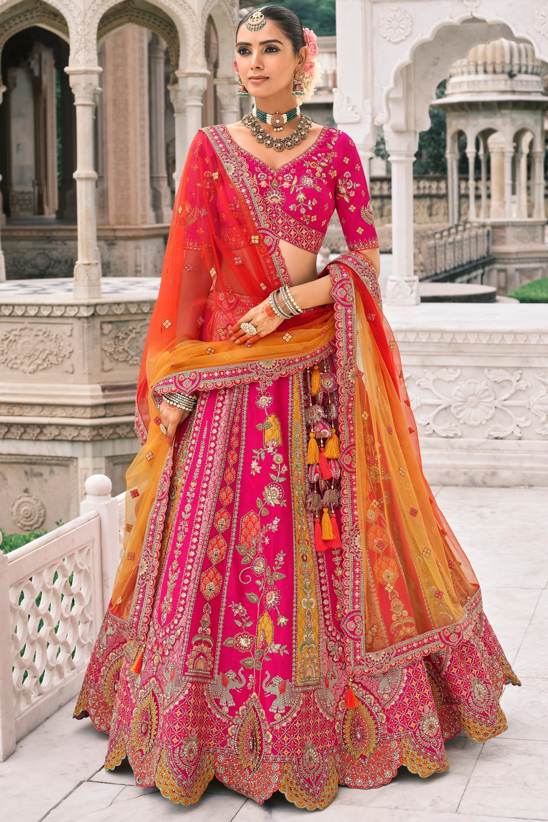 Pink and Orange Semi-Stitched Embroidered Silk Lehenga-SAR10430_1_SareeButa.com