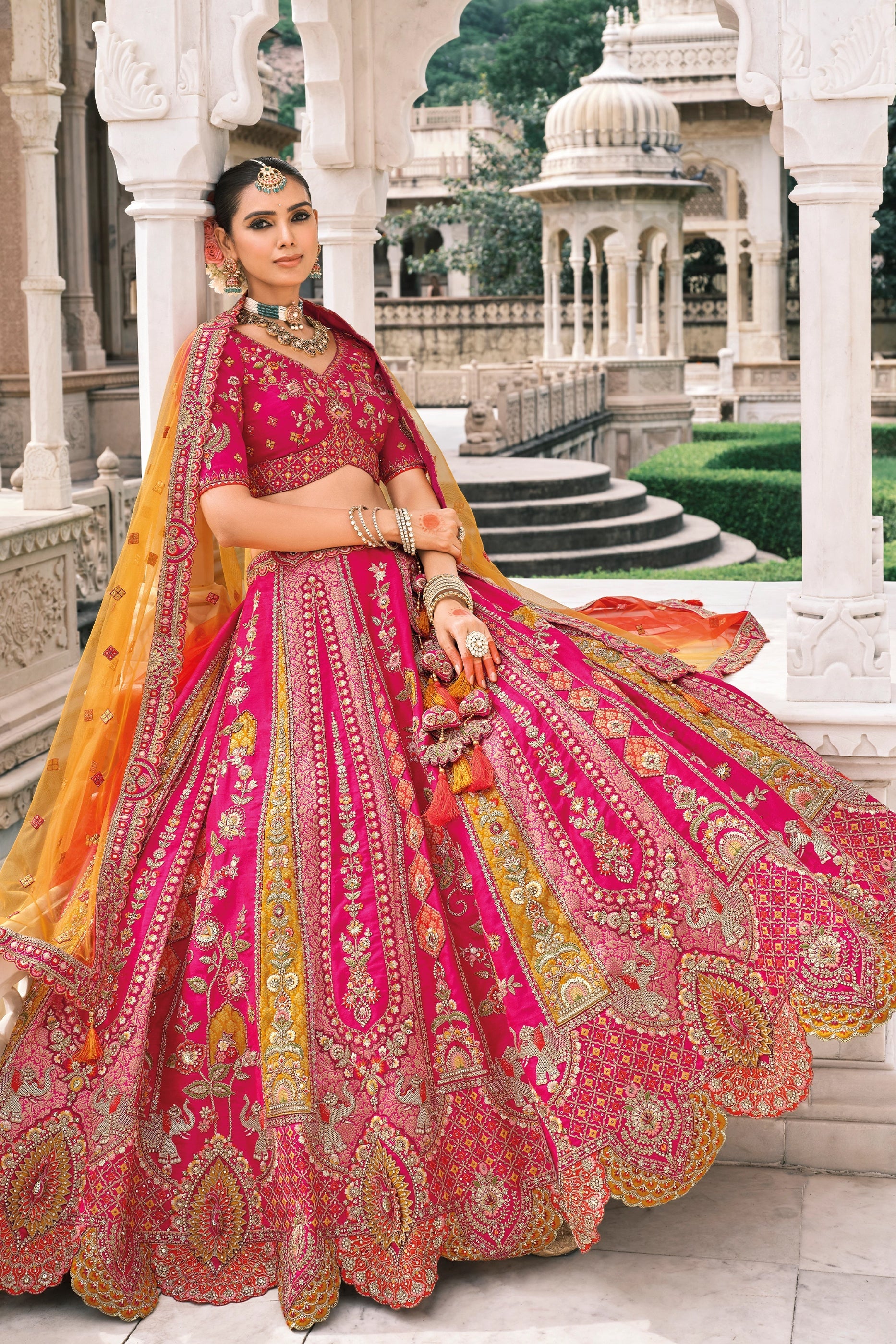 Pink and Orange Semi-Stitched Embroidered Silk Lehenga-SAR10430_3_SareeButa.com