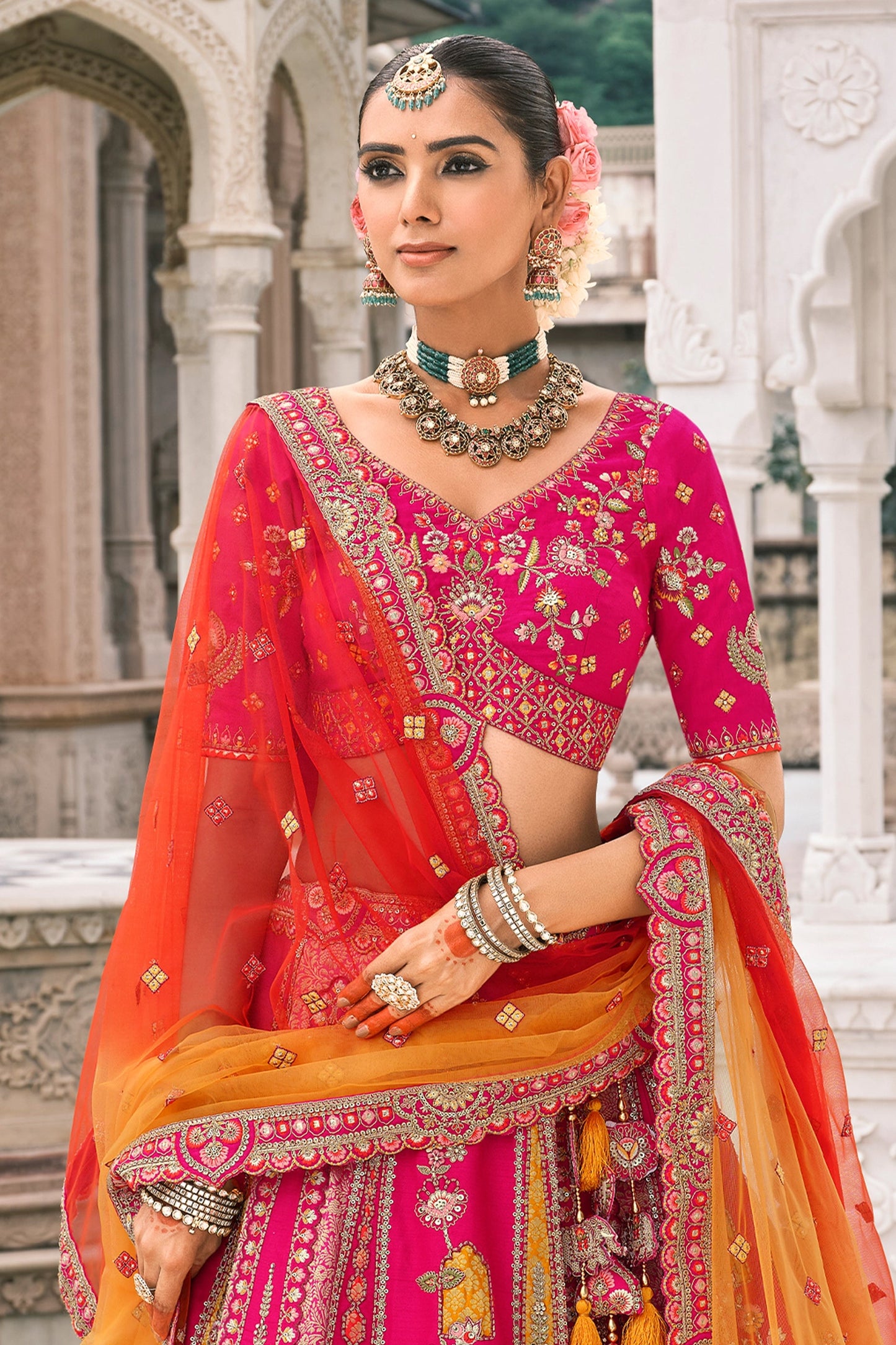 Pink and Orange Semi-Stitched Embroidered Silk Lehenga-SAR10430_4_SareeButa.com