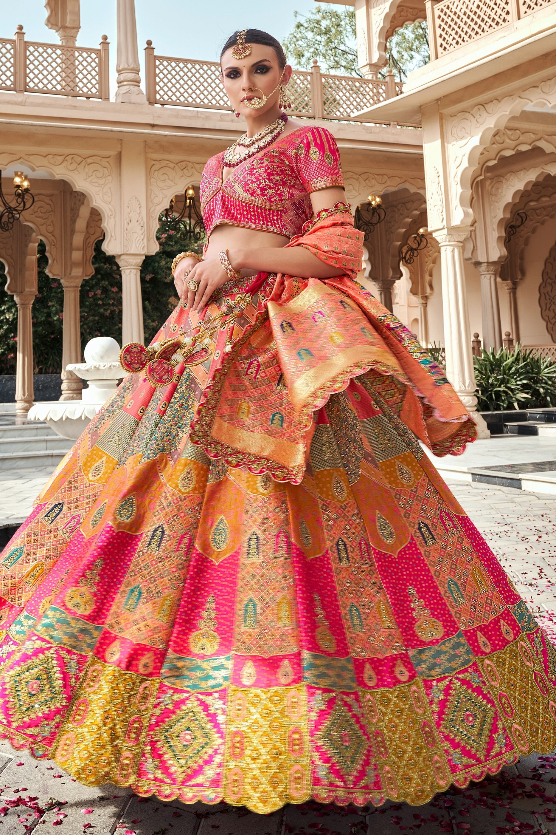 Pink and Peach Semi-Stitched Banarasi Silk Lehenga-SAR10442_1_SareeButa.com