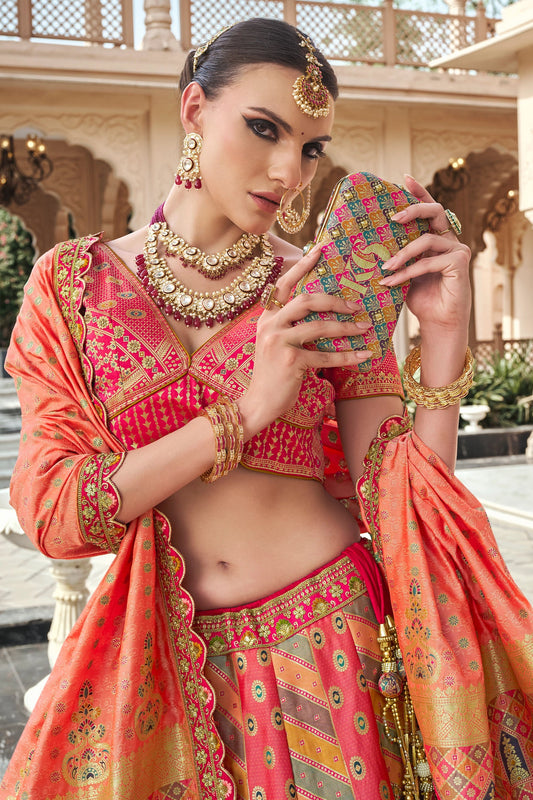 Pink and Peach Semi-Stitched Banarasi Silk Lehenga-SAR10442_2_SareeButa.com