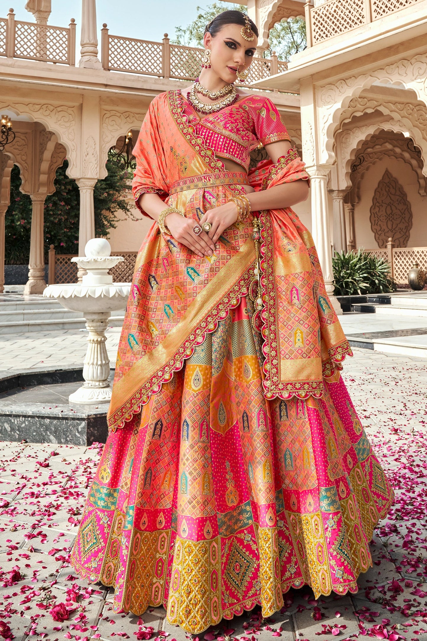 Pink and Peach Semi-Stitched Banarasi Silk Lehenga-SAR10442_4_SareeButa.com
