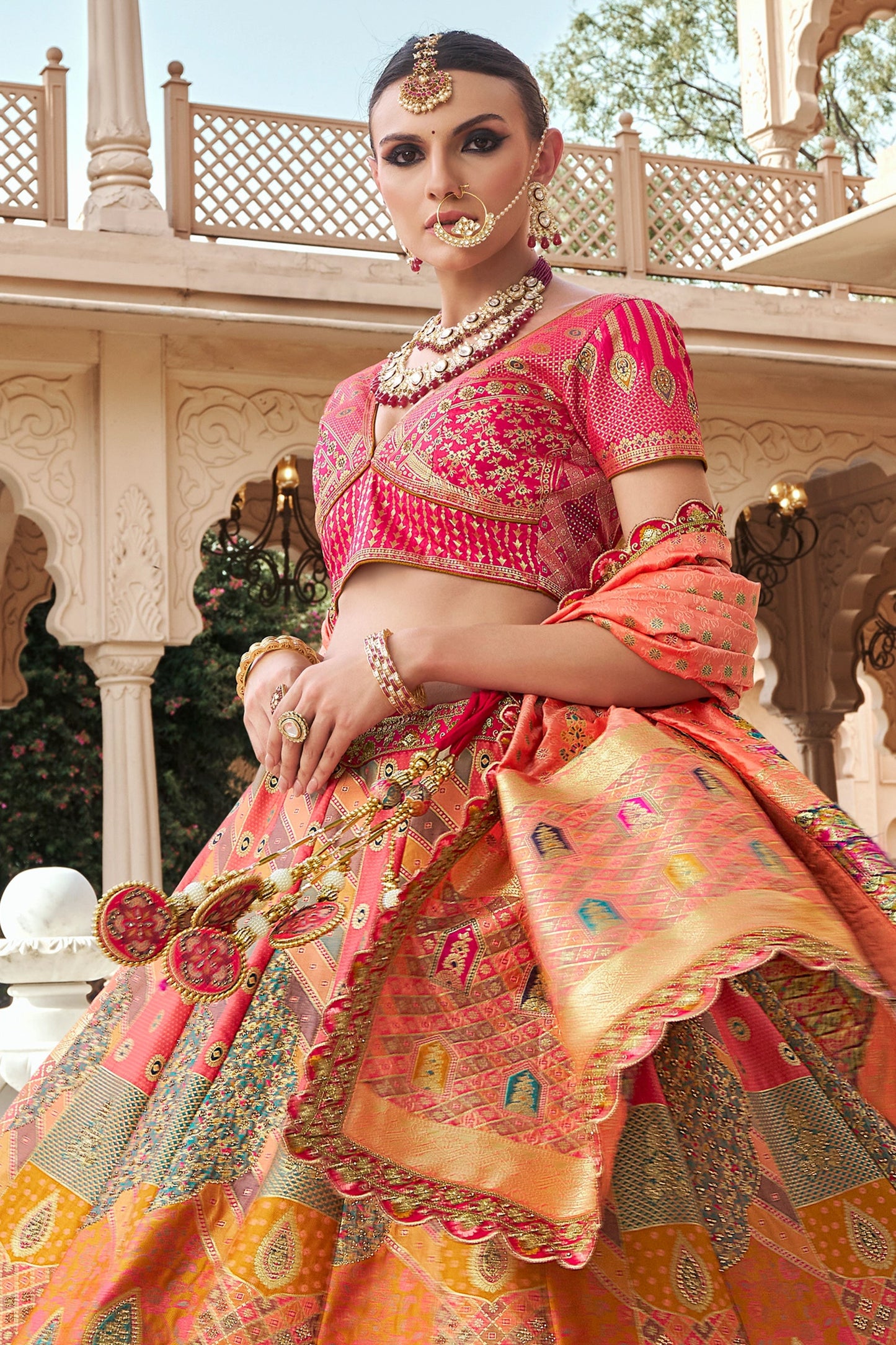 Pink and Peach Semi-Stitched Banarasi Silk Lehenga-SAR10442_5_SareeButa.com