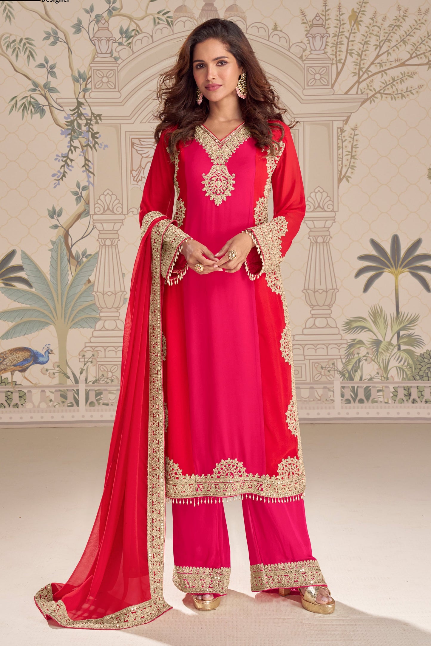 Pink and Red Readymade Embroidered Georgette Suit-SAR11961_1_SareeButa.com