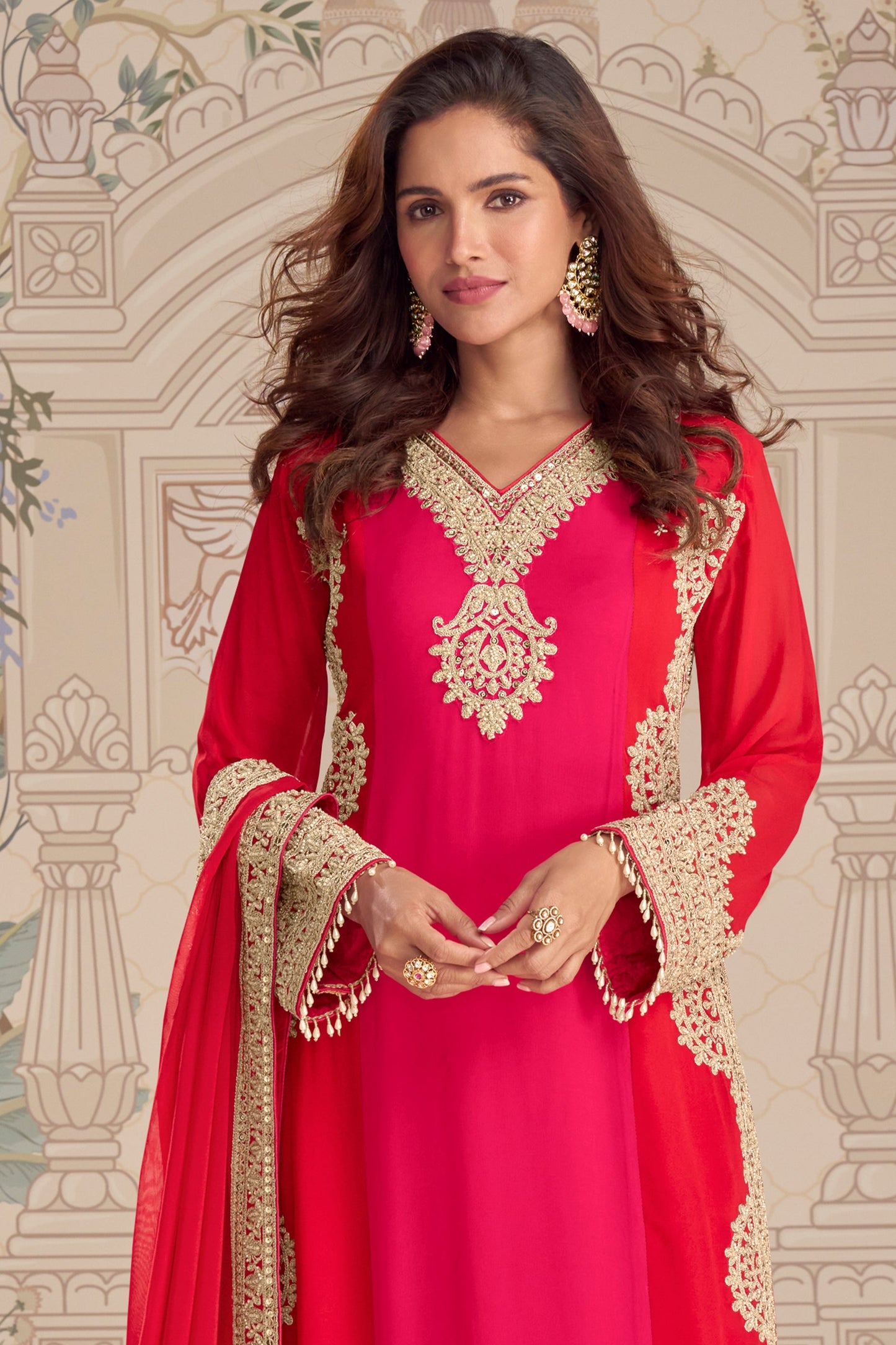 Pink and Red Readymade Embroidered Georgette Suit-SAR11961_3_SareeButa.com