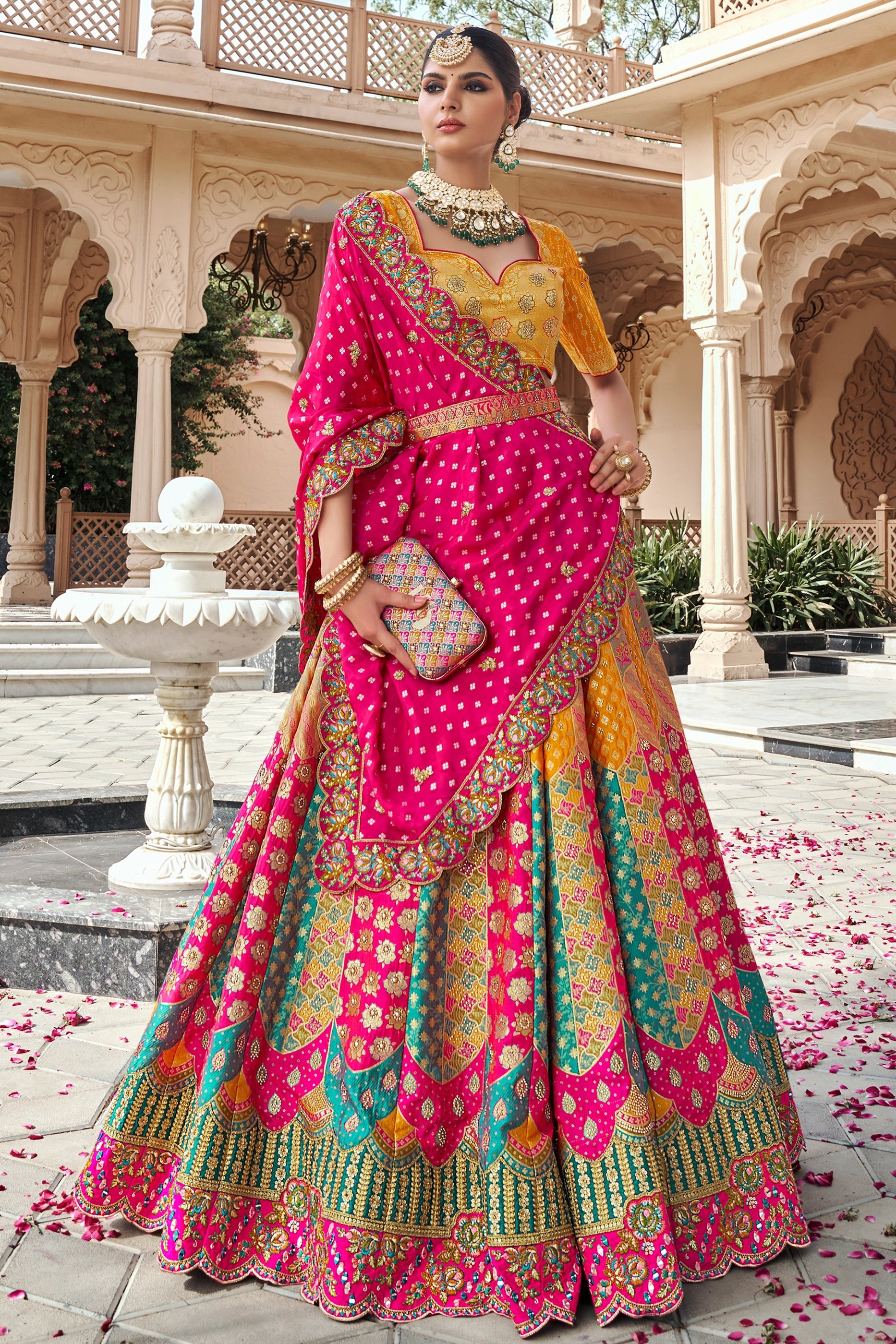 Pink and Yellow Semi-Stitched Banarasi Silk Lehenga-SAR10446_1_SareeButa.com