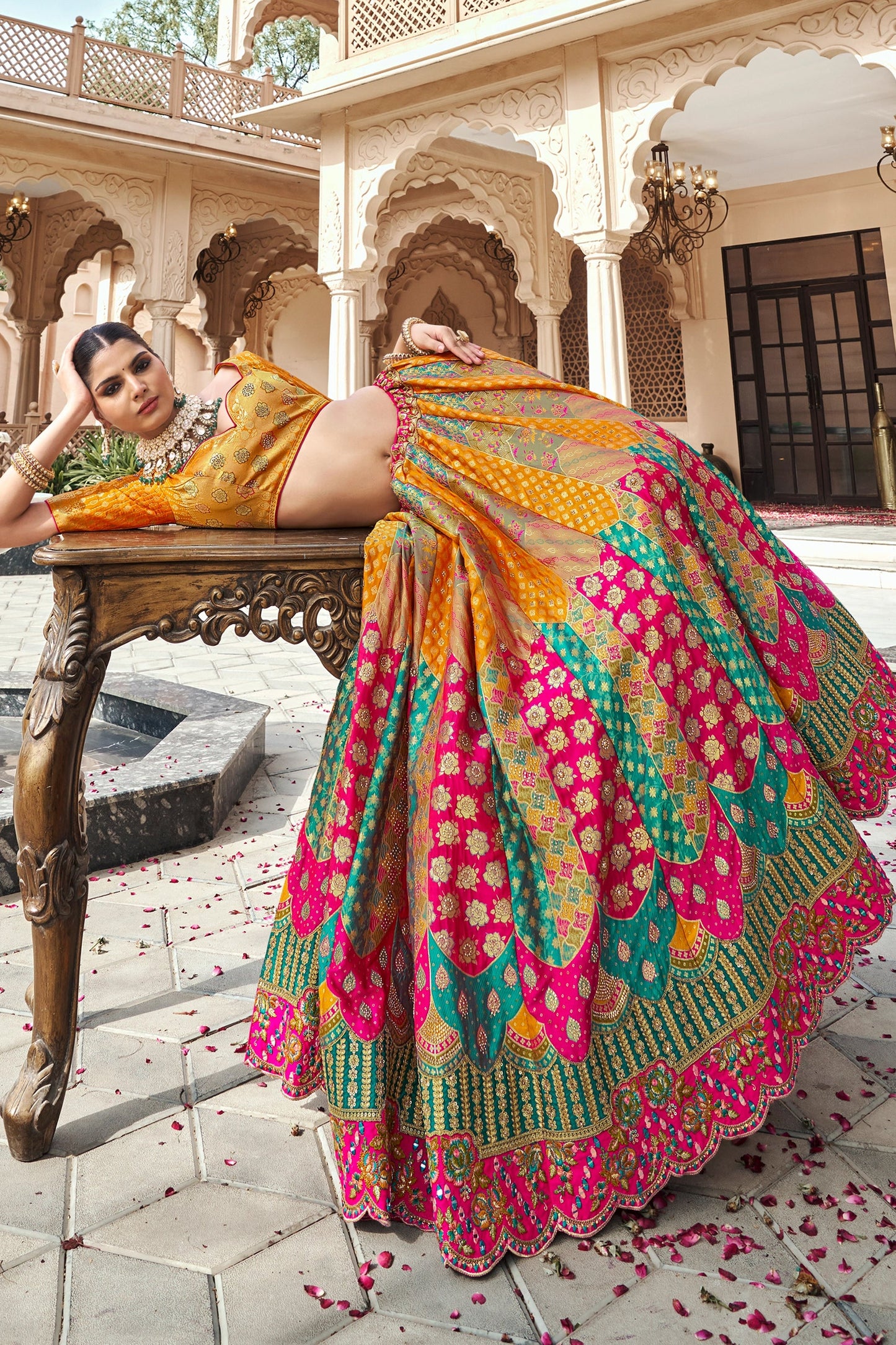 Pink and Yellow Semi-Stitched Banarasi Silk Lehenga-SAR10446_4_SareeButa.com