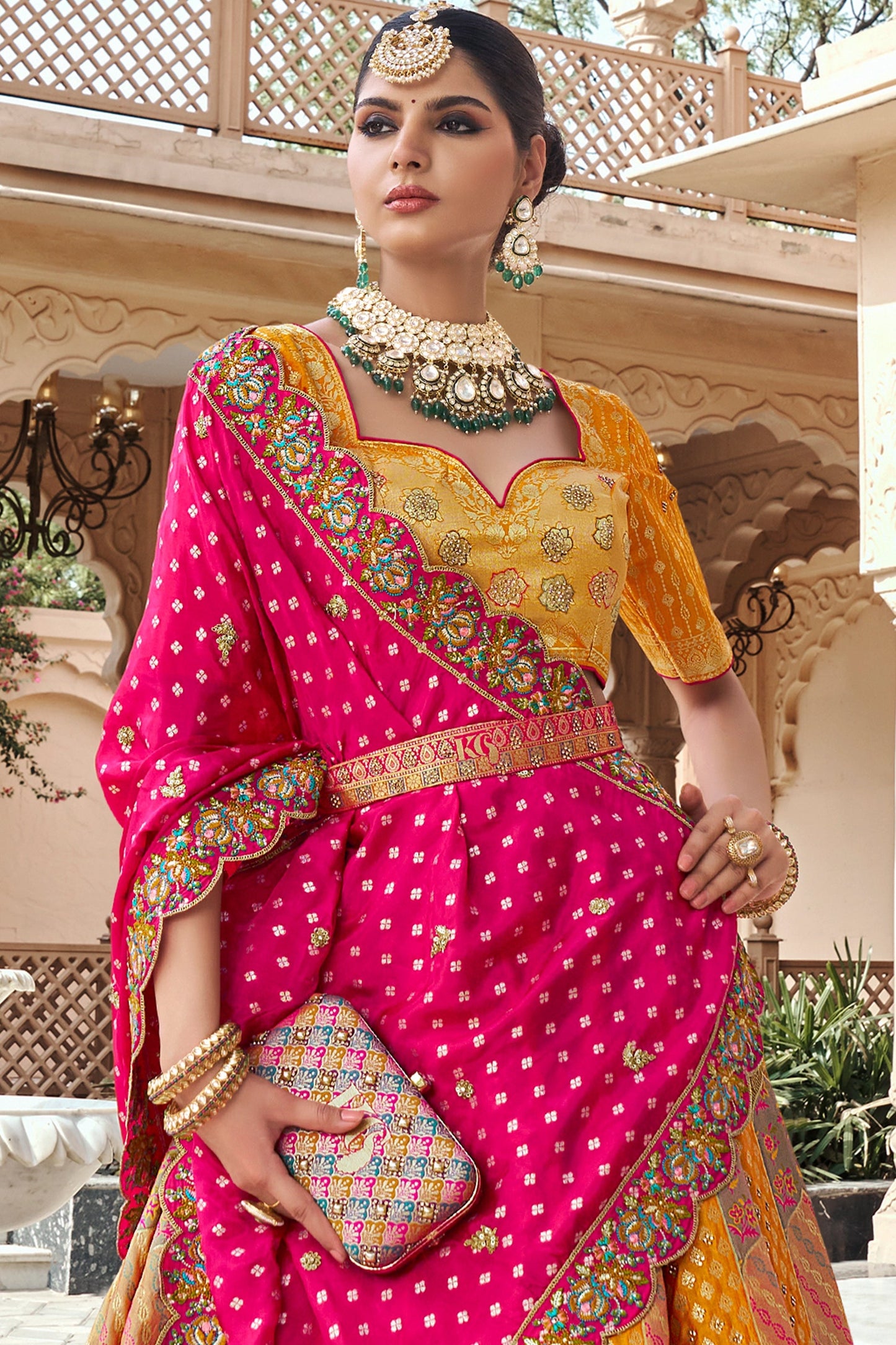 Pink and Yellow Semi-Stitched Banarasi Silk Lehenga-SAR10446_5_SareeButa.com