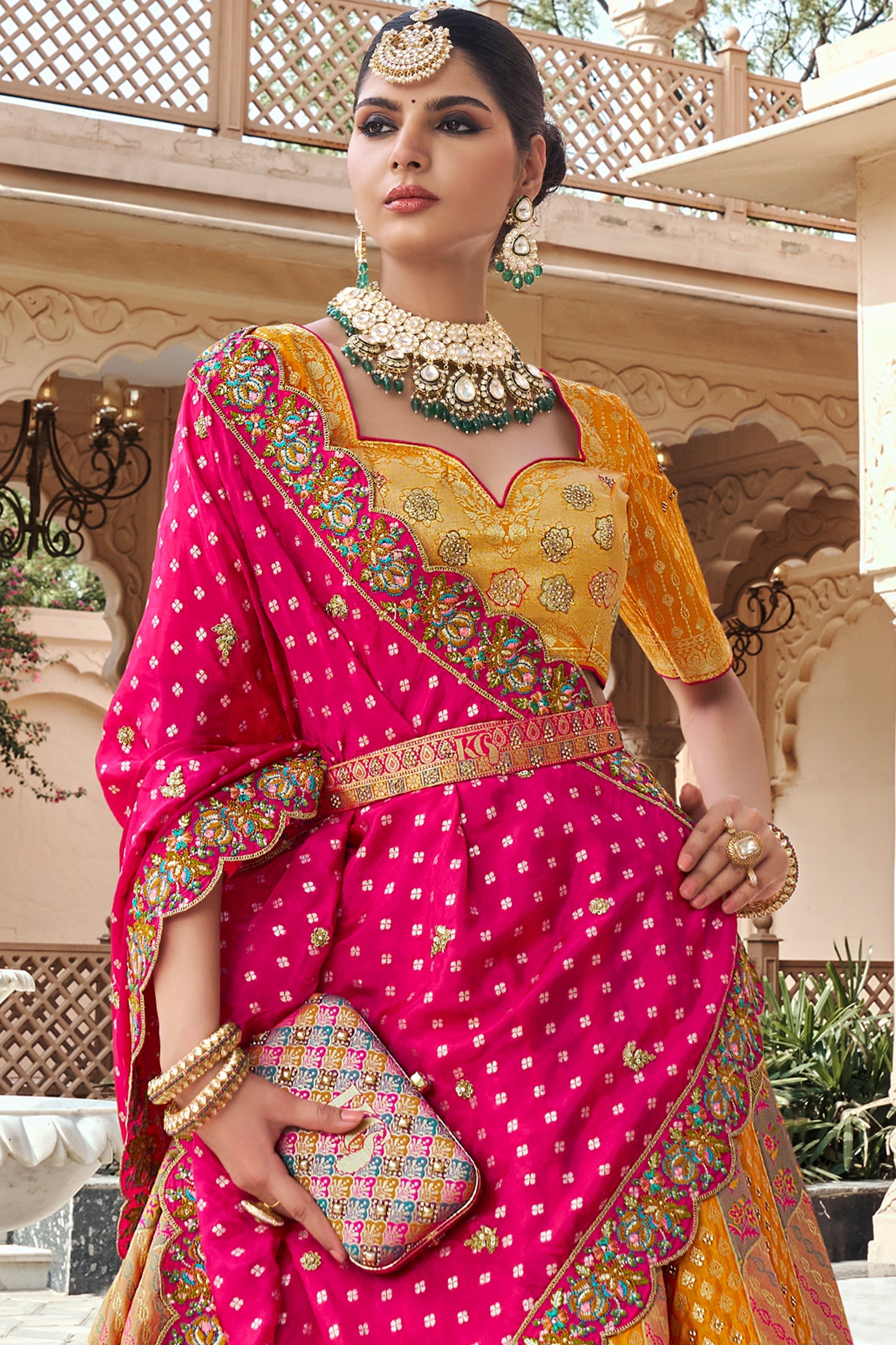 Pink and Yellow Semi-Stitched Banarasi Silk Lehenga-SAR10446_5_SareeButa.com