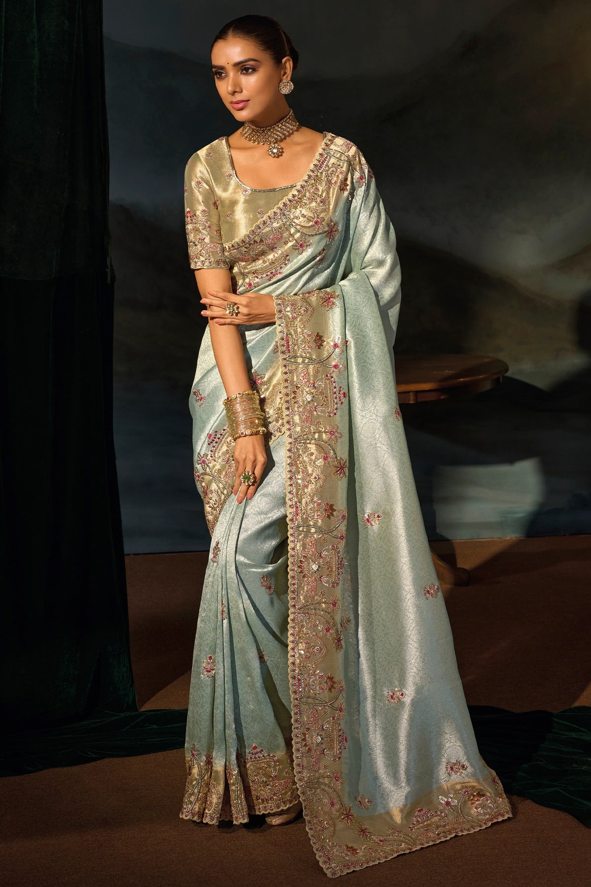 Pista Embroidered Heavy Work Silk Saree-SAR13267_1_SareeButa.com