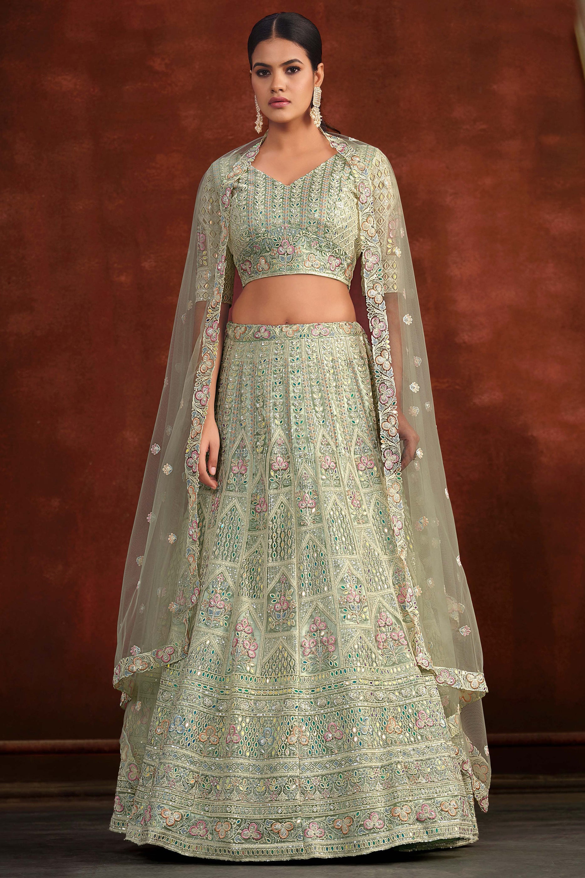 Pista Green Embroidered Semi-Stitched Net Lehenga-SAR10344_1_SareeButa.com