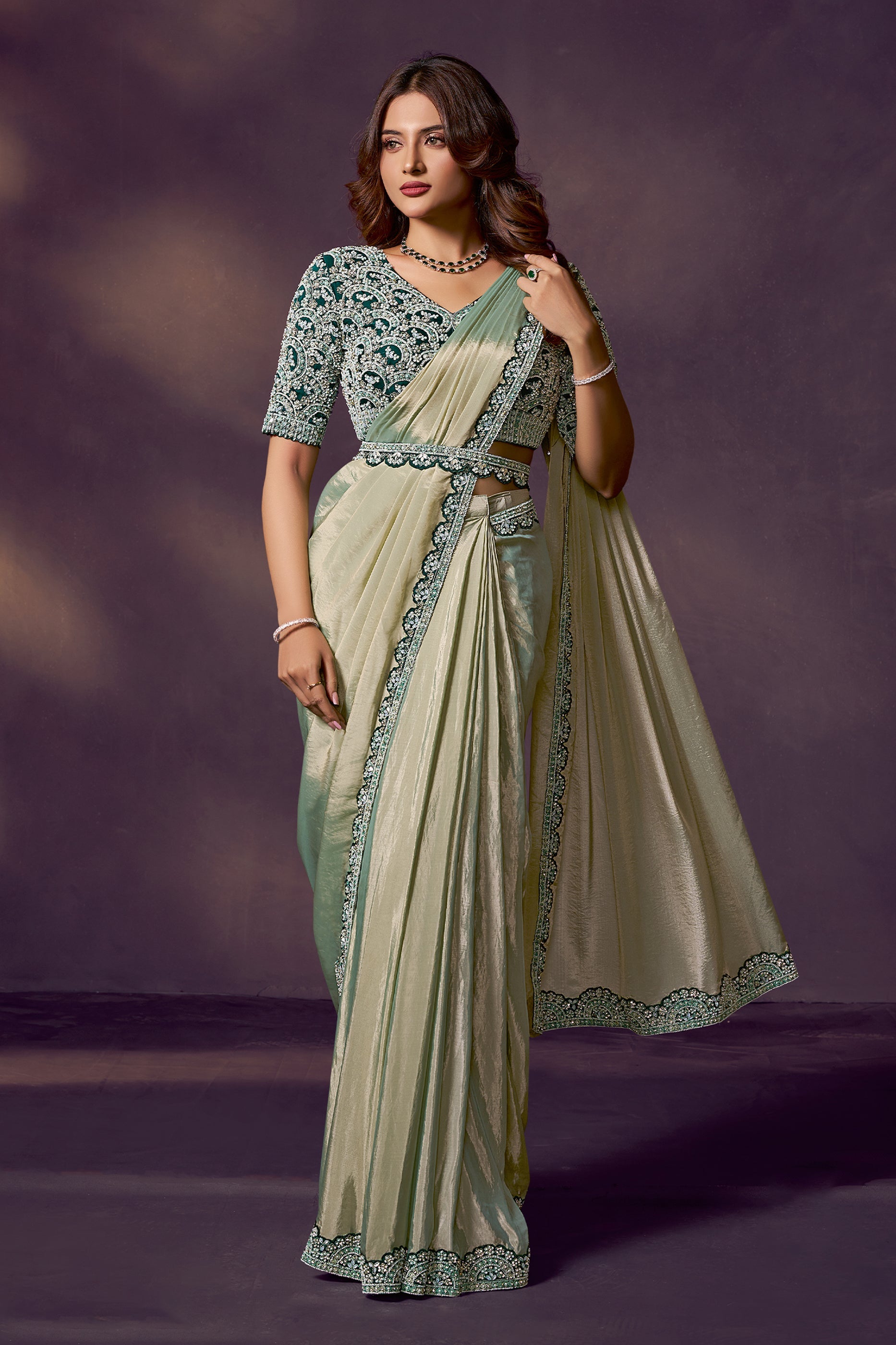 Pista Green Embroidered Silk Readymade Saree with Stitched Blouse-SAR10862_1_SareeButa.com